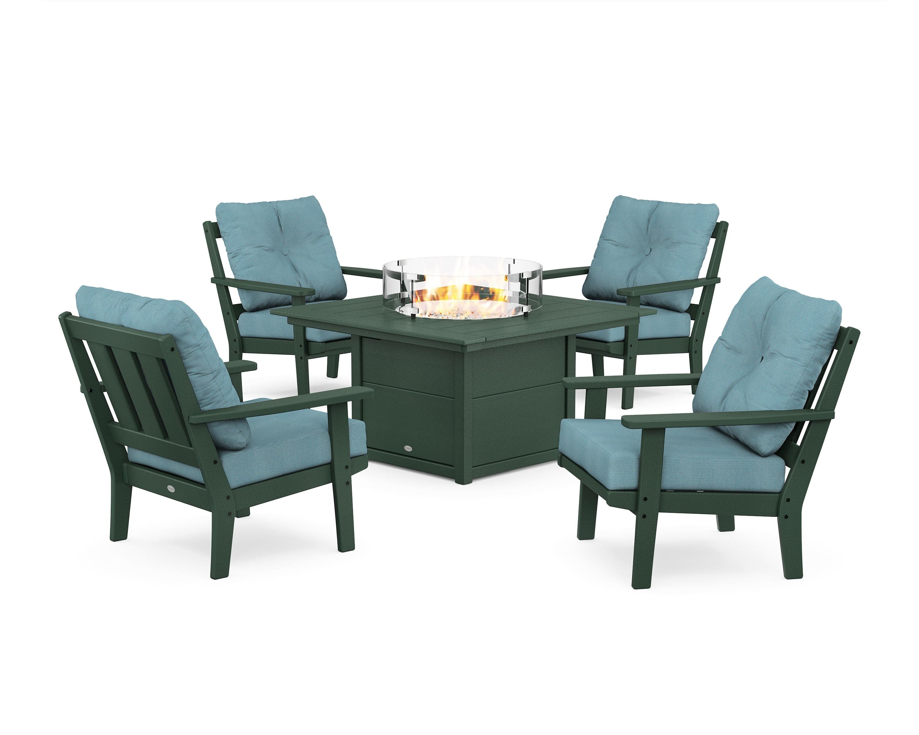 Oxford 5-Piece Deep Seating Set with Fire Pit Table in Green / Lattice Sky Blue