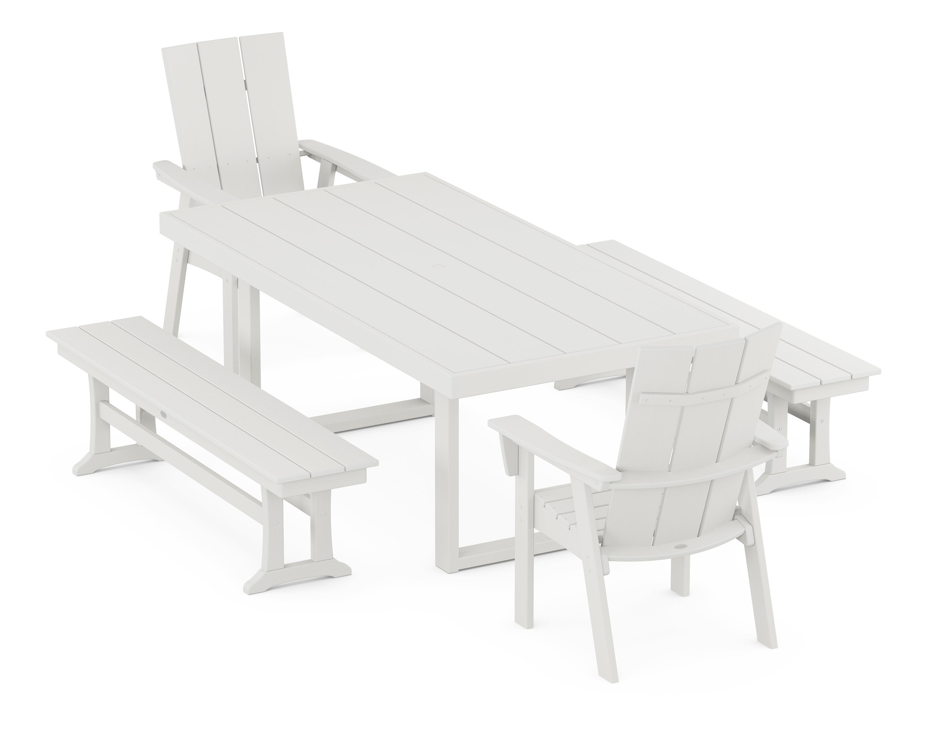 Modern Curveback Adirondack 5-Piece Dining Set with Benches in Vintage White