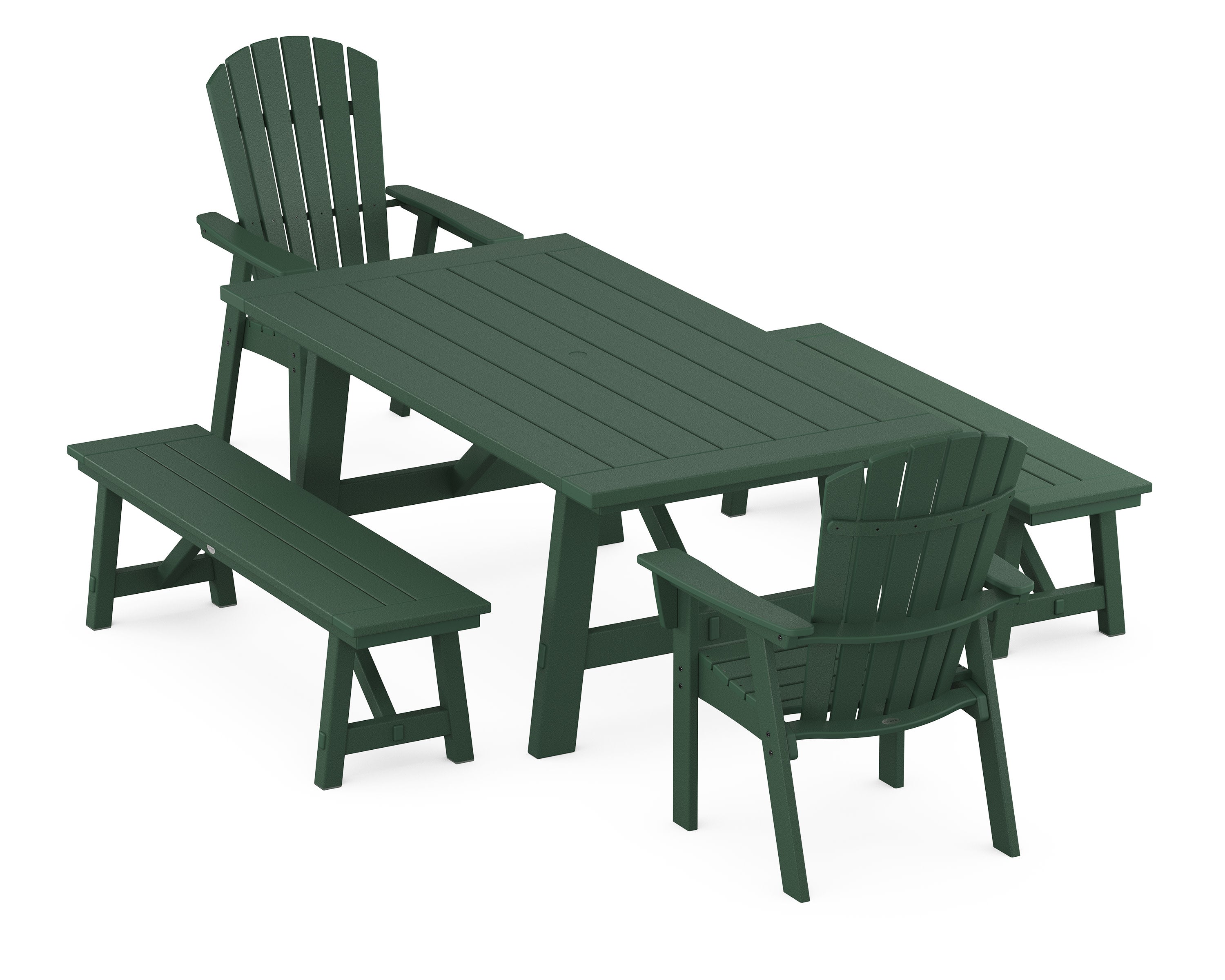 Nautical Curveback Adirondack 5-Piece Rustic Farmhouse Dining Set With Benches in Green