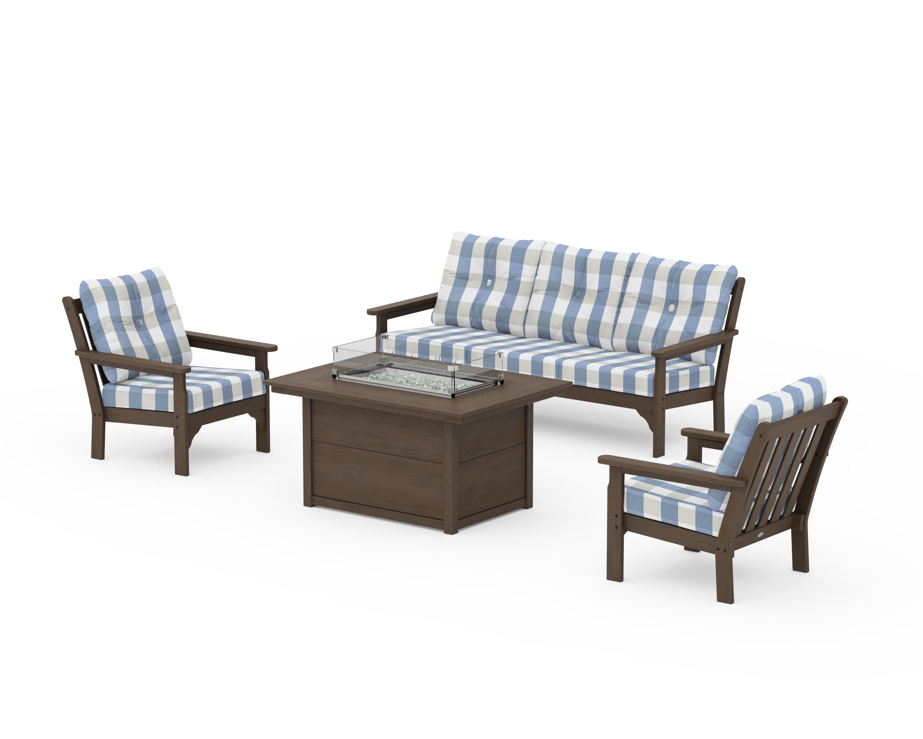Vineyard Deep Seating Fire Pit Table Set in Kona / Buffalo Plaid Sky Blue
