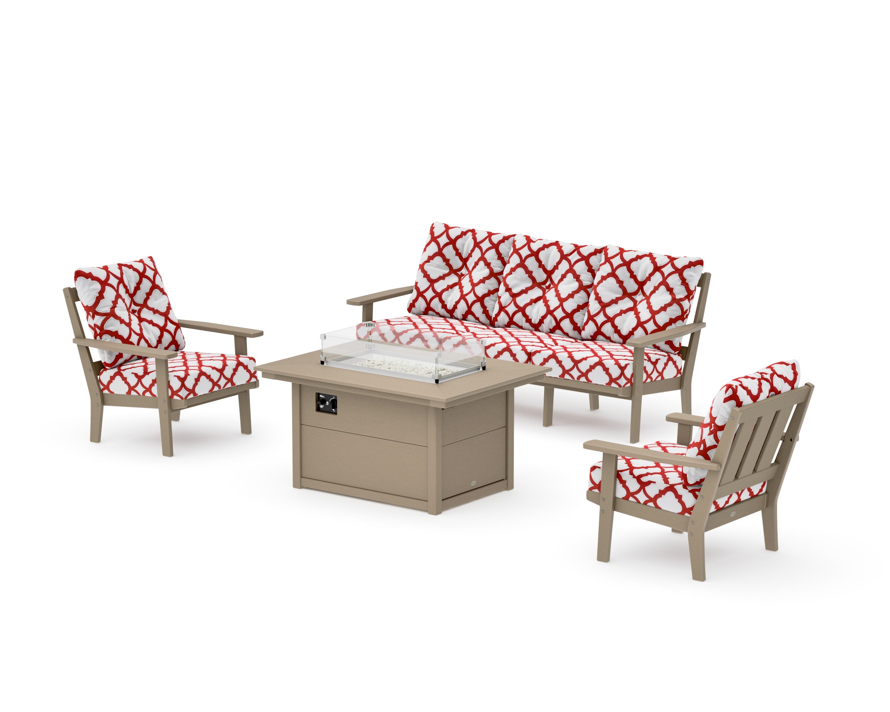 Oxford Deep Seating Fire Pit Table Set in Vintage Sahara / Trellis Crimson