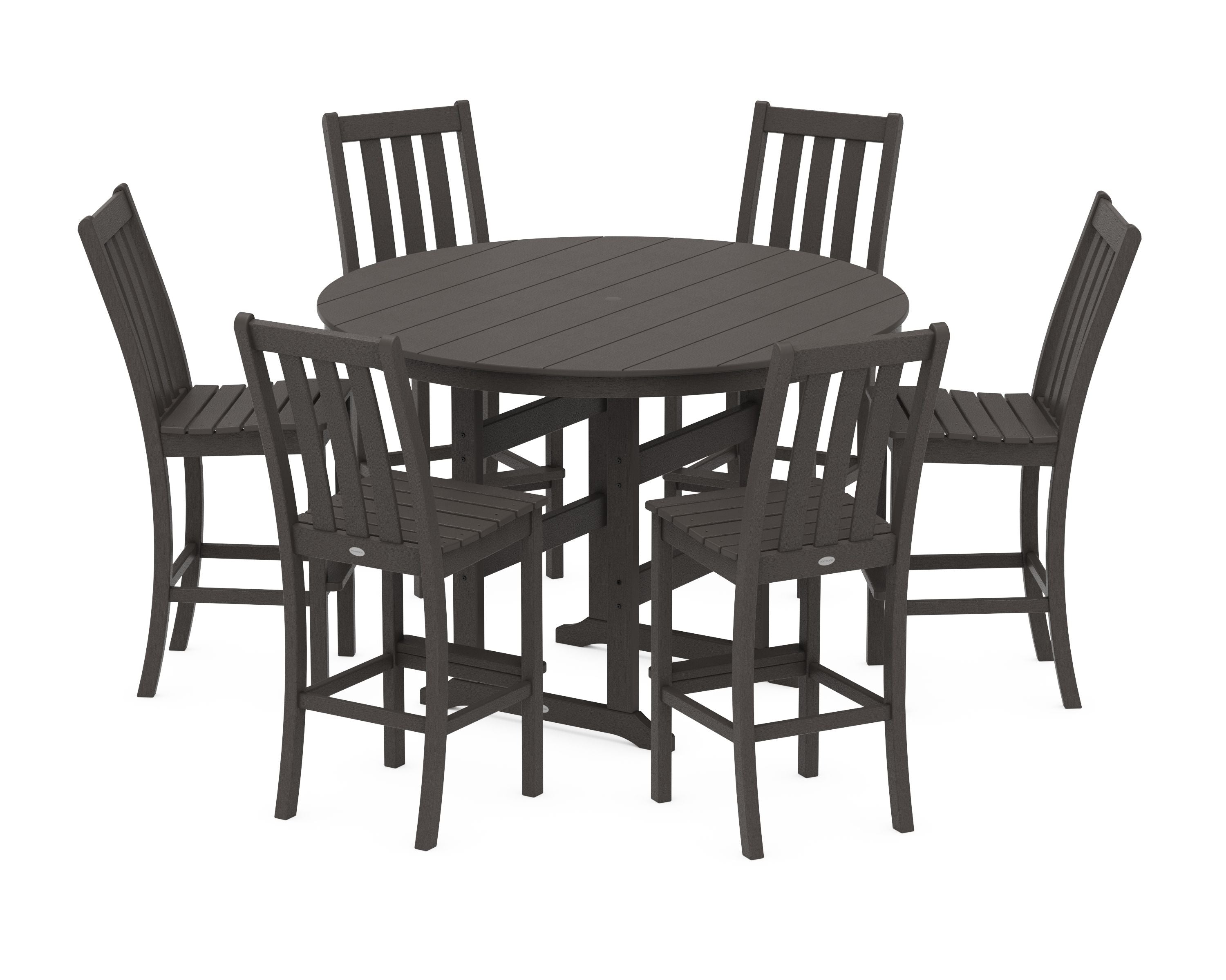 Vineyard 7-Piece Side Chair Round Farmhouse Bar Set in Vintage Coffee