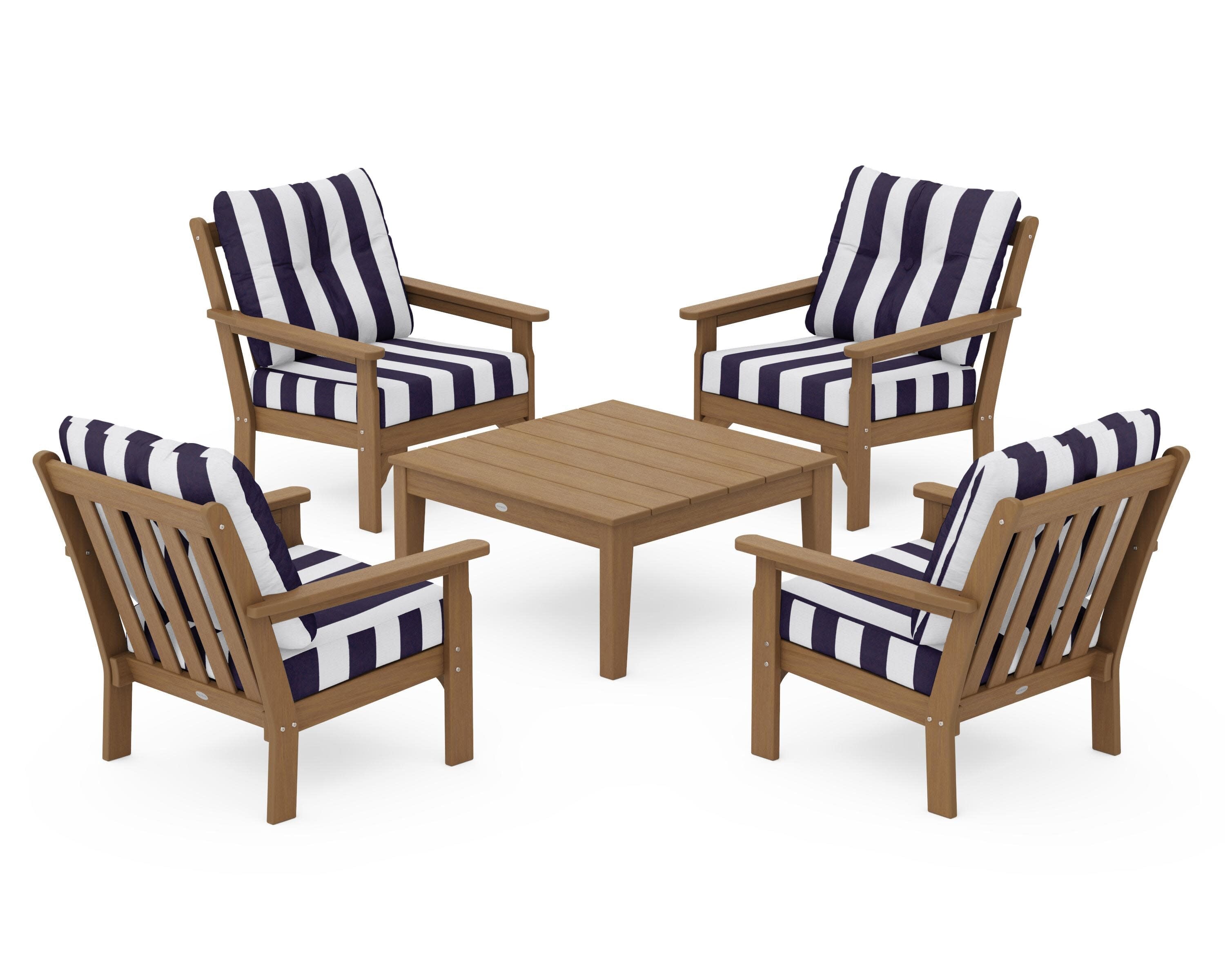 Vineyard 5-Piece Deep Seating Conversation Set in Natural / Cabana Stripe Navy