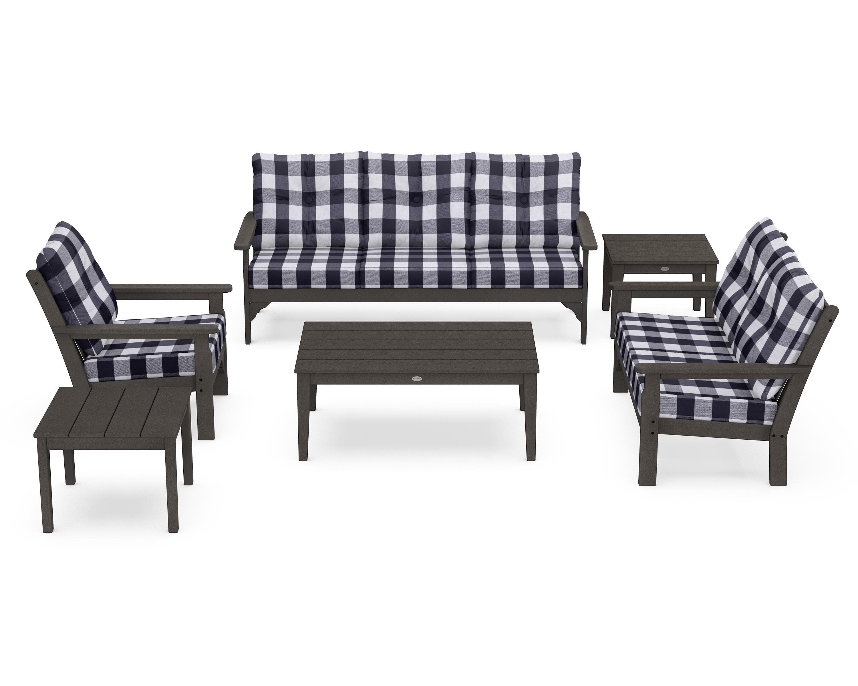 Vineyard 6-Piece Deep Seating Set in Vintage Coffee / Buffalo Plaid Navy