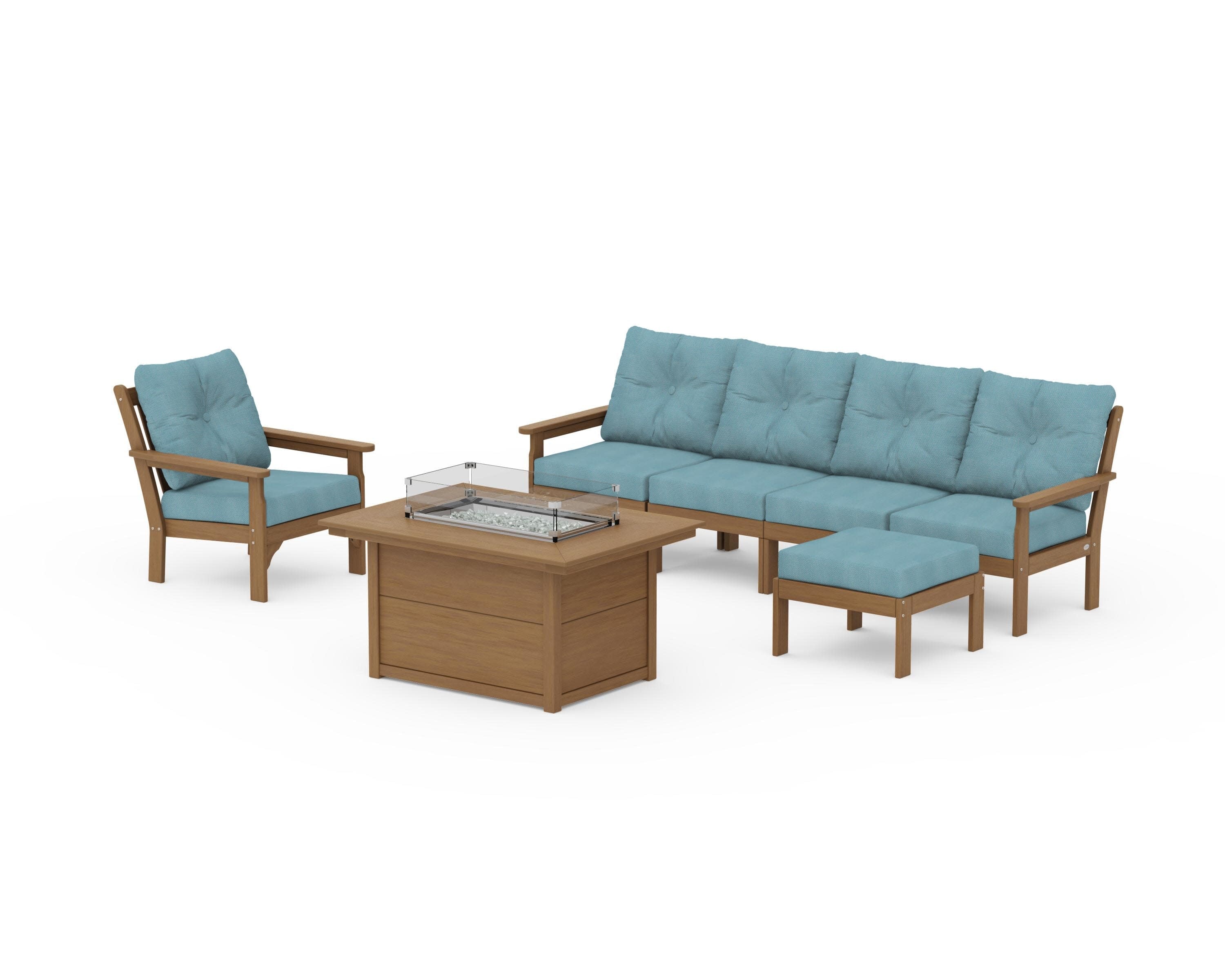 Vineyard Sectional Lounge and Fire Pit Set in Natural / Lattice Sky Blue