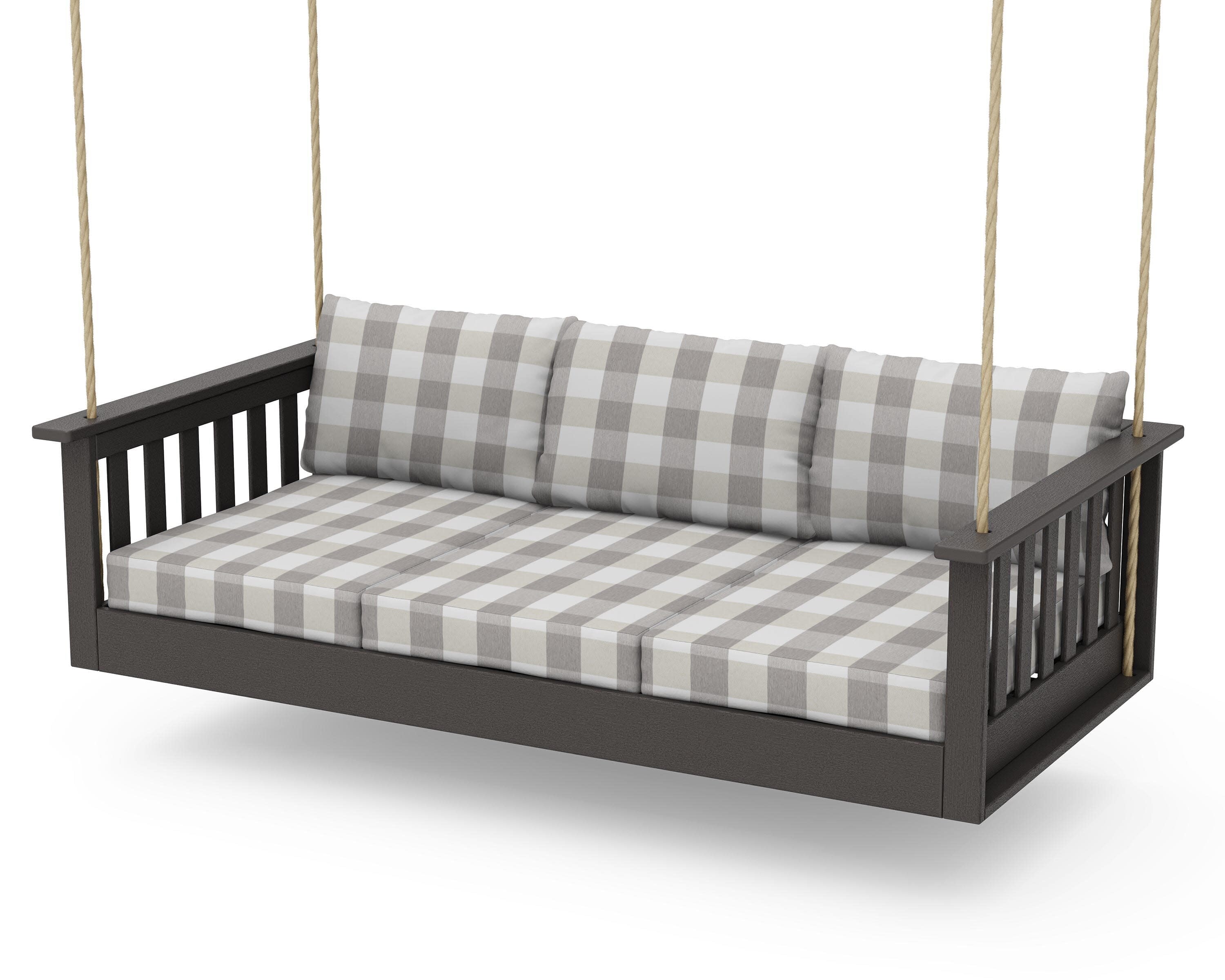 Vineyard Daybed Swing in Vintage Coffee / Buffalo Plaid Grey Mist