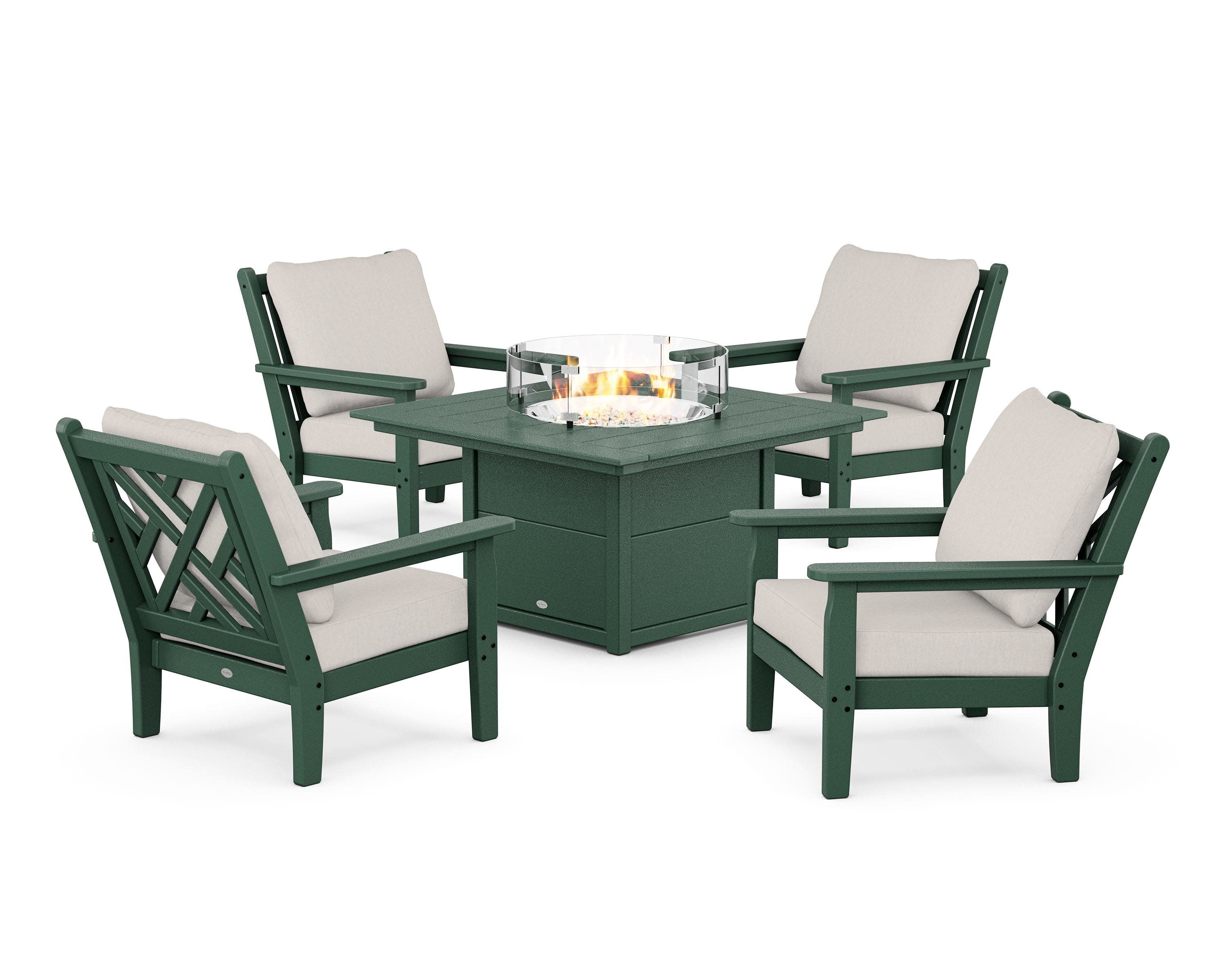 Chippendale 5-Piece Deep Seating Set with Fire Pit Table in Green / Cast Ash