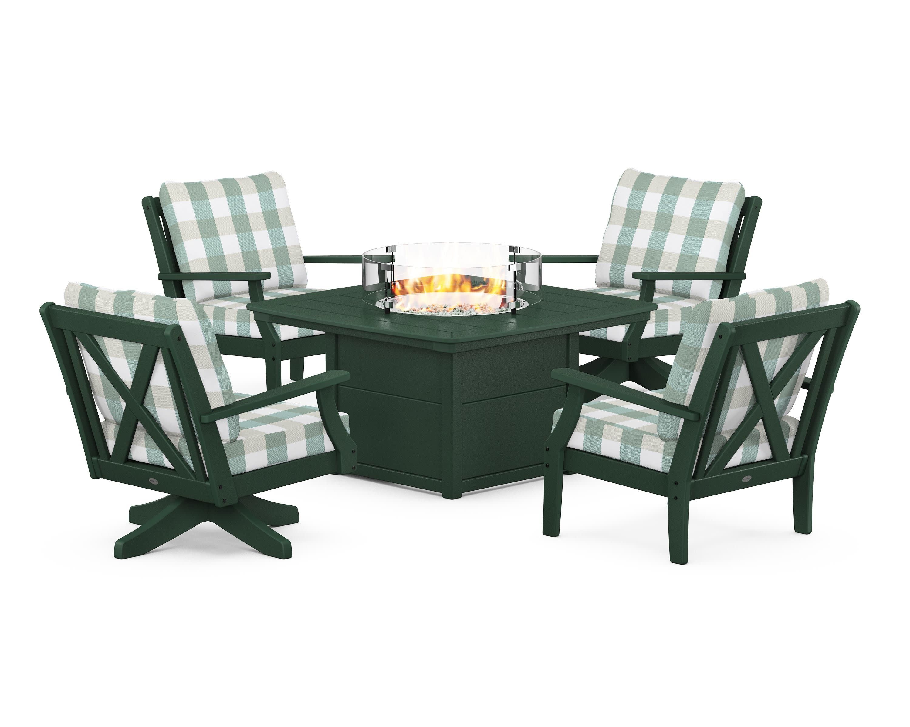 Braxton 5-Piece Deep Seating Set with Fire Table in Green / Buffalo Plaid Glacier Spa