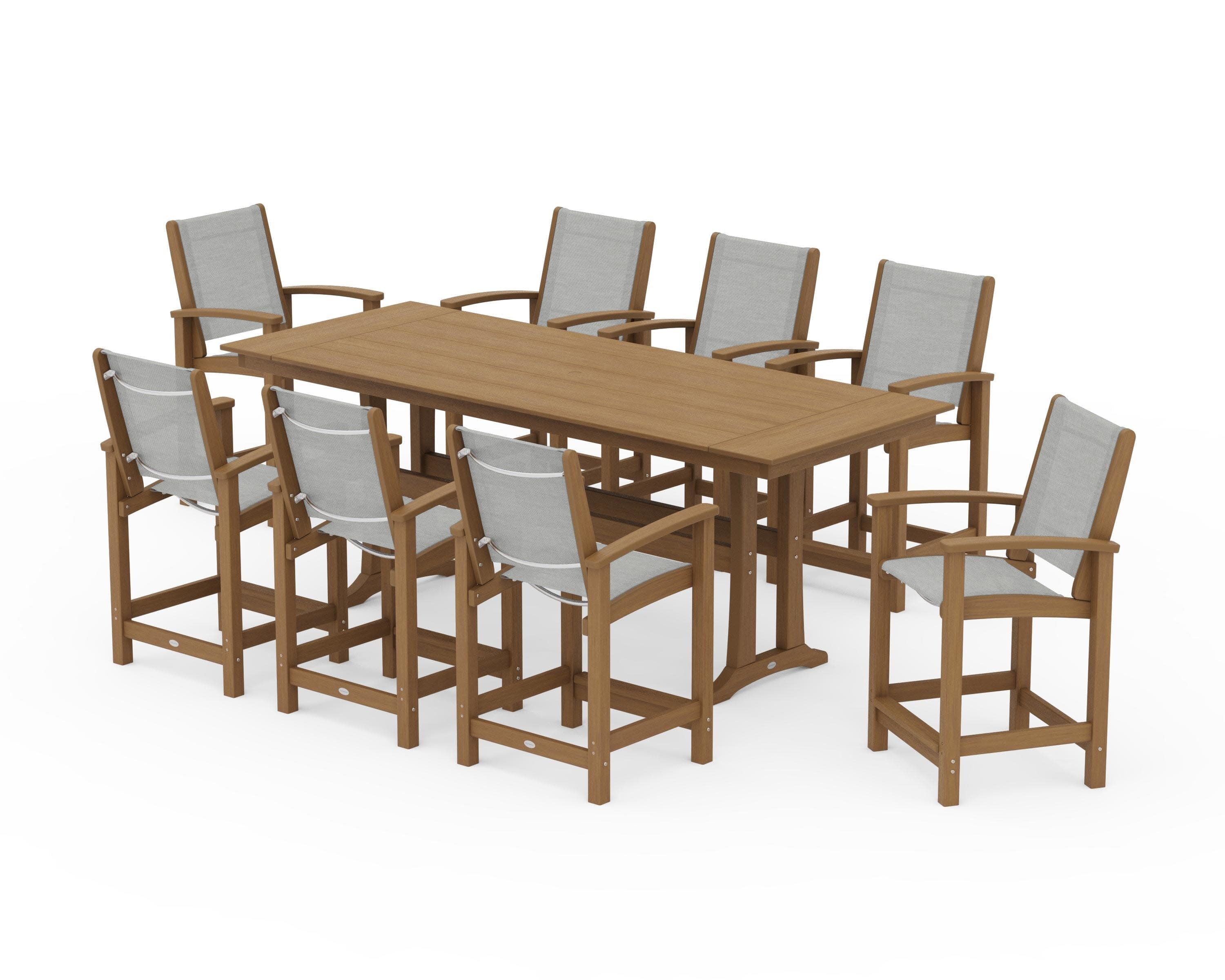 Coastal 9-Piece Farmhouse Counter Set with Trestle Legs in Natural / Metallic Sling