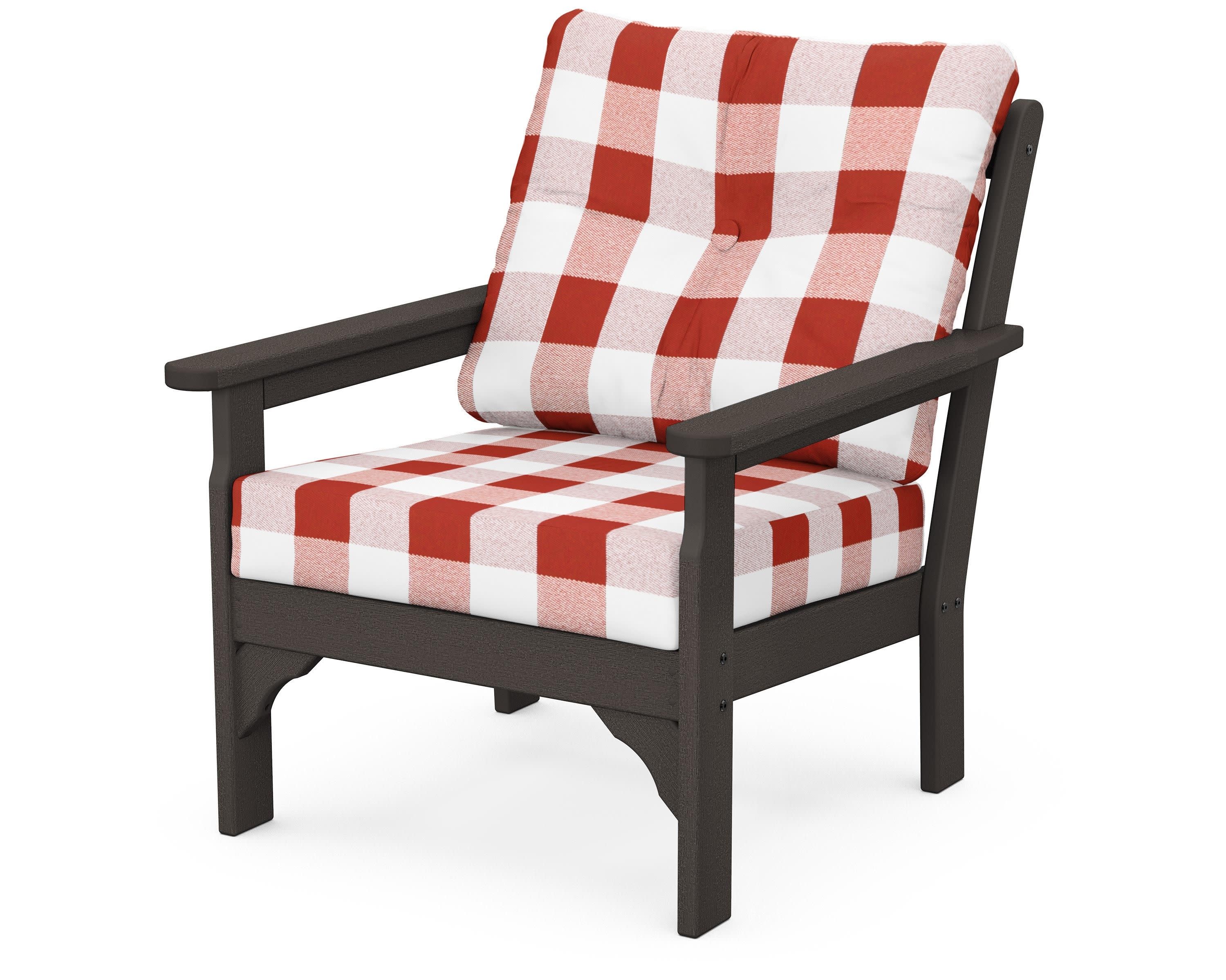 Vineyard Deep Seating Chair in Vintage Coffee / Buffalo Plaid Crimson