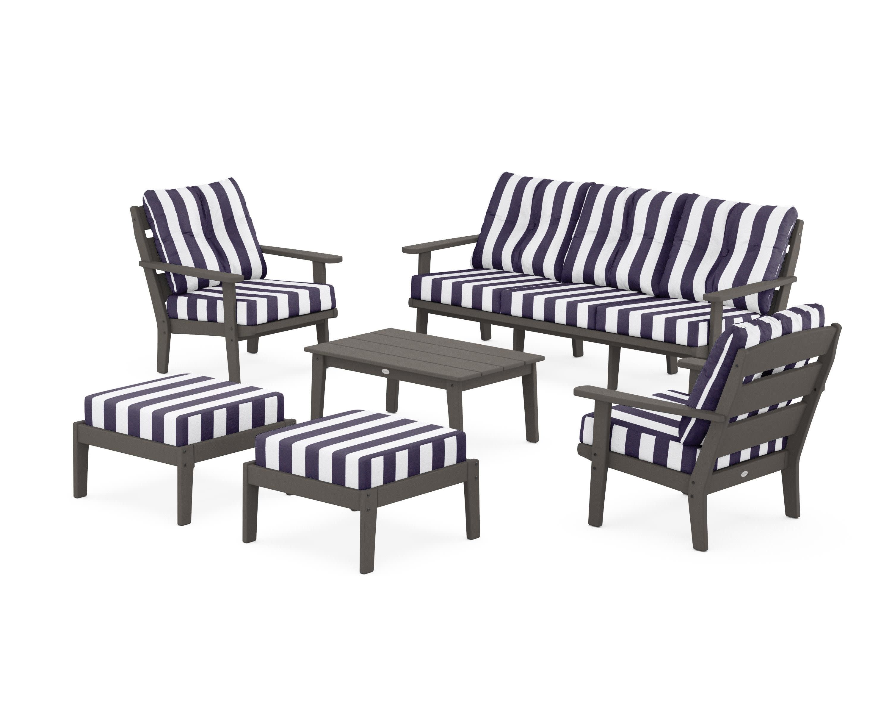 Lakeside 6-Piece Lounge Sofa Set in Vintage Coffee / Cabana Stripe Navy