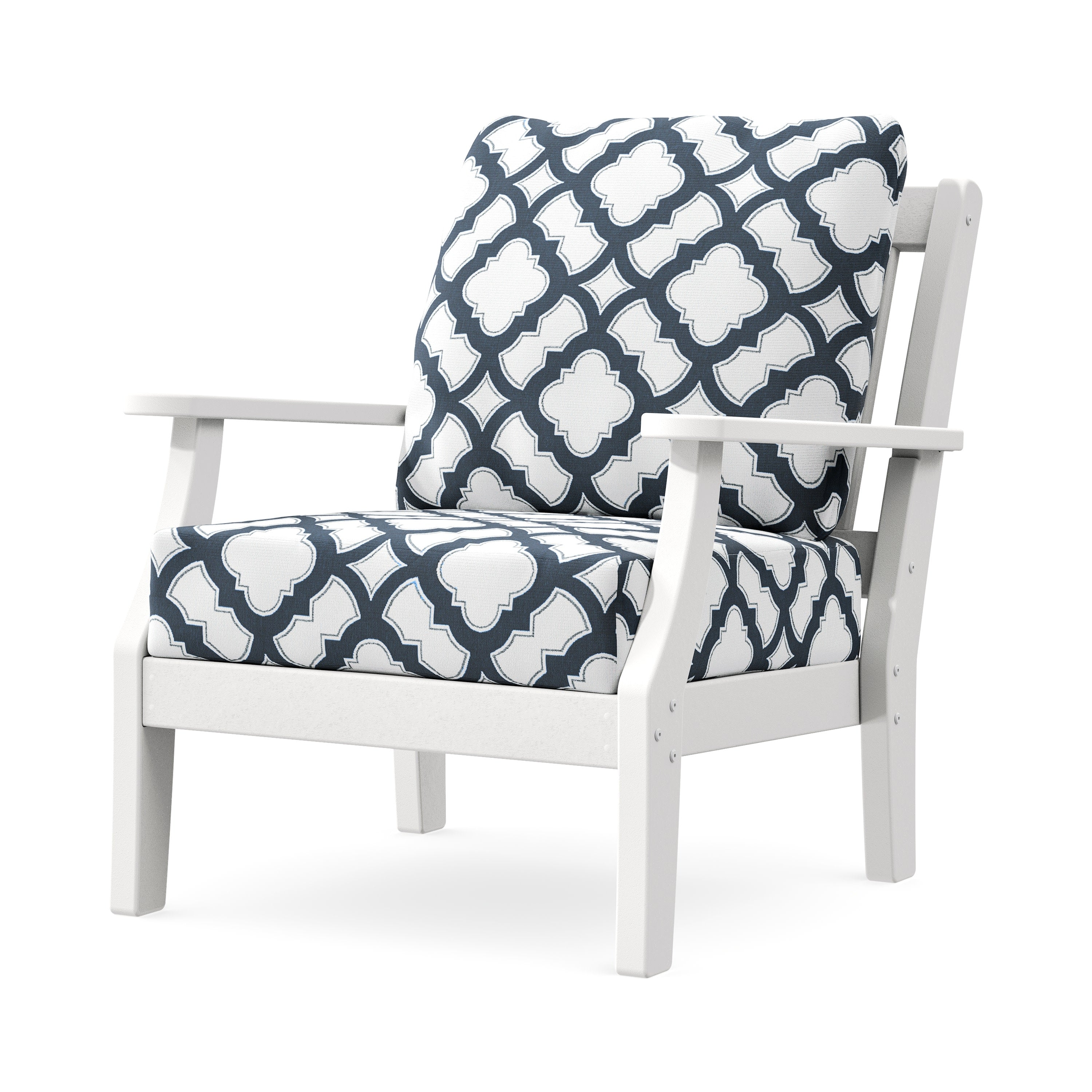 Chinoiserie Deep Seating Chair in White / Trellis Marine Indigo