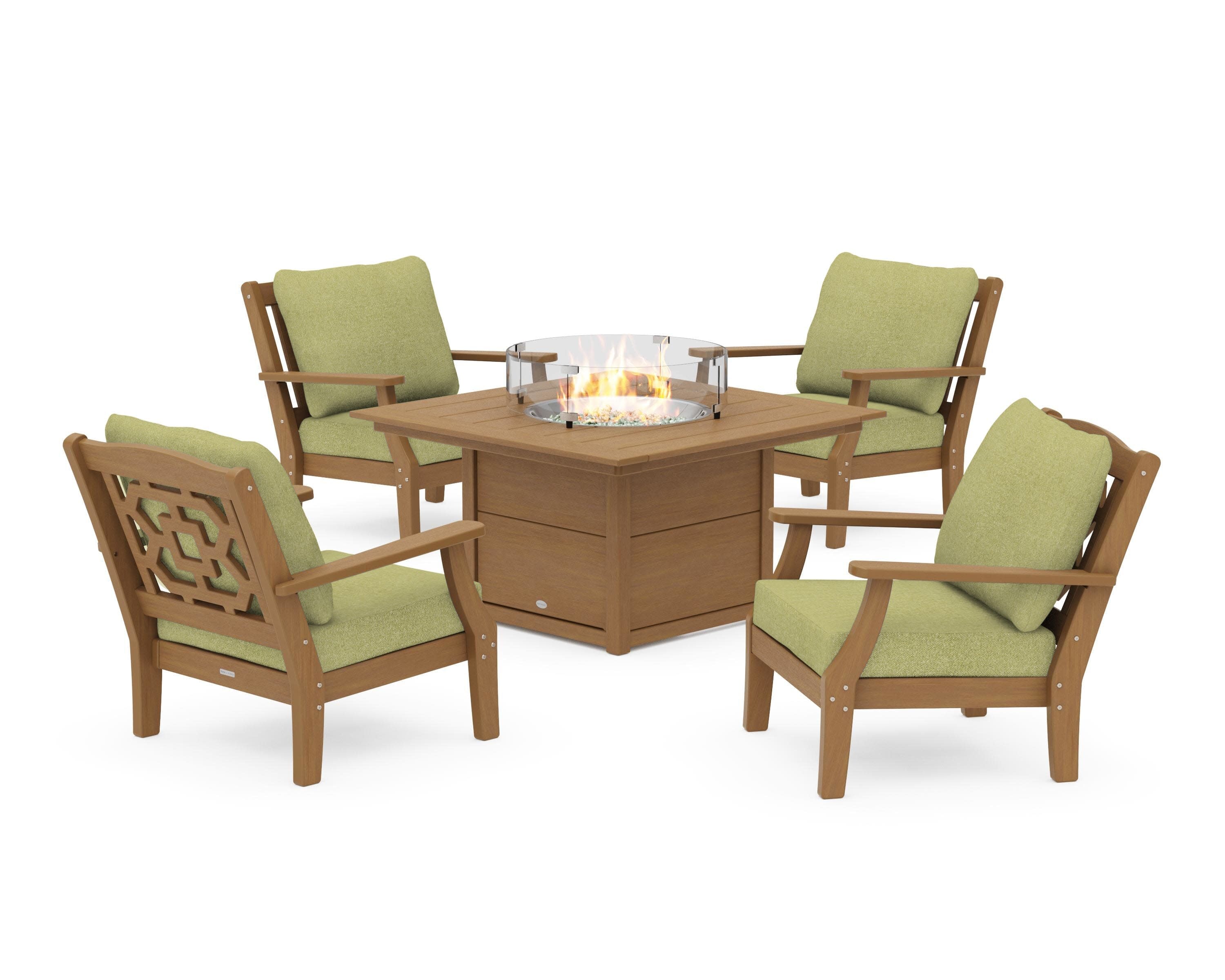 Chinoiserie 5-Piece Deep Seating Set with Fire Pit Table in Natural / Chartreuse Boucle
