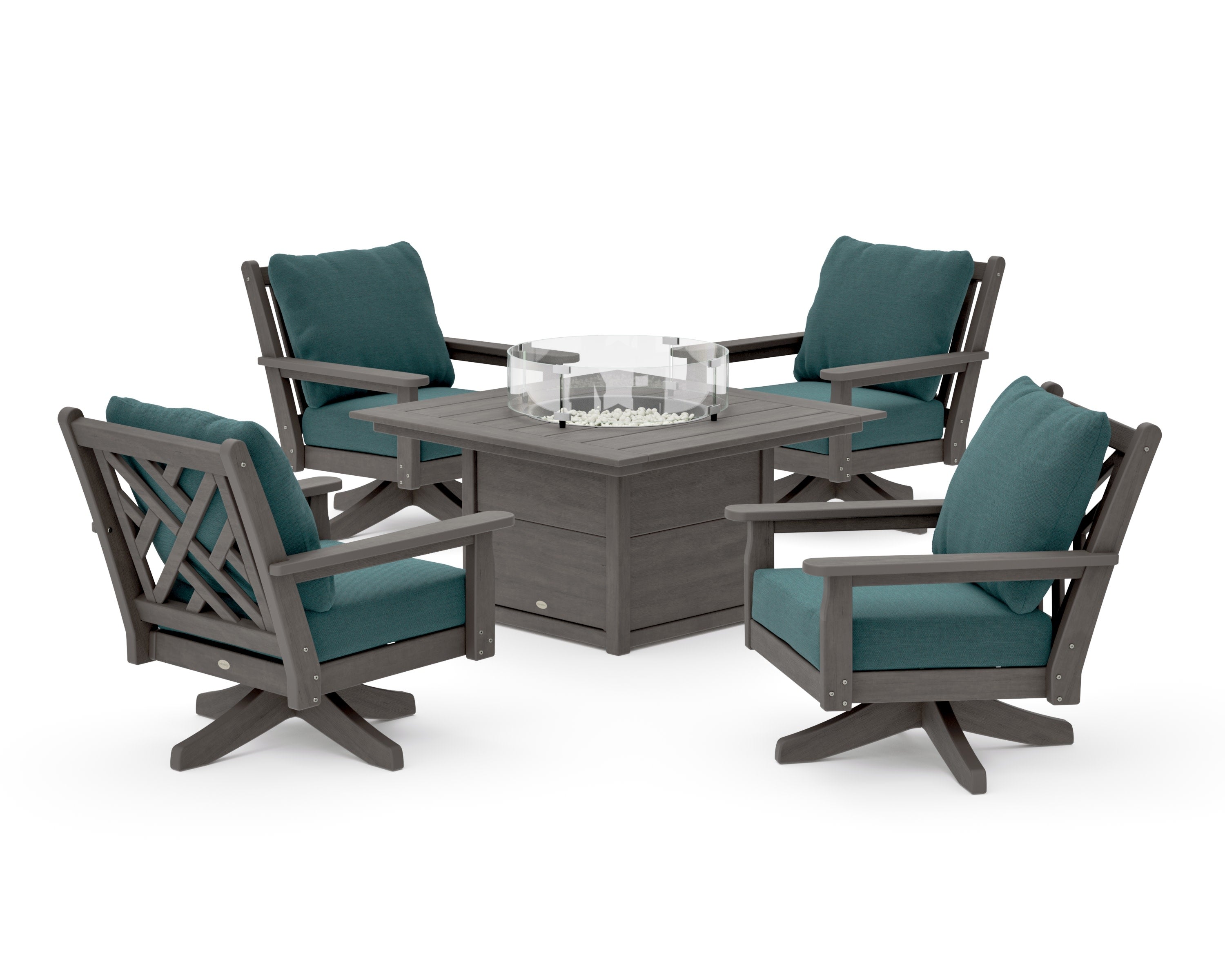 Chippendale 5-Piece Deep Seating Swivel Conversation Set with Fire Pit Table in Driftwood / Ocean Teal