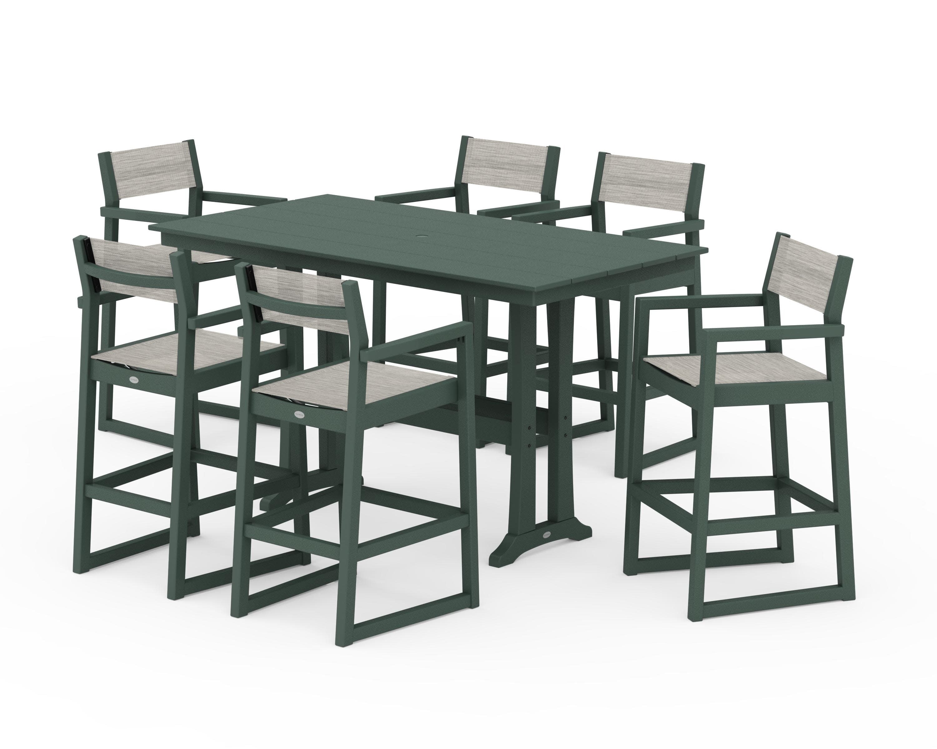 EDGE Sling Arm Chair 7-Piece Farmhouse Bar Set with Trestle Legs in Green / Birch Sling