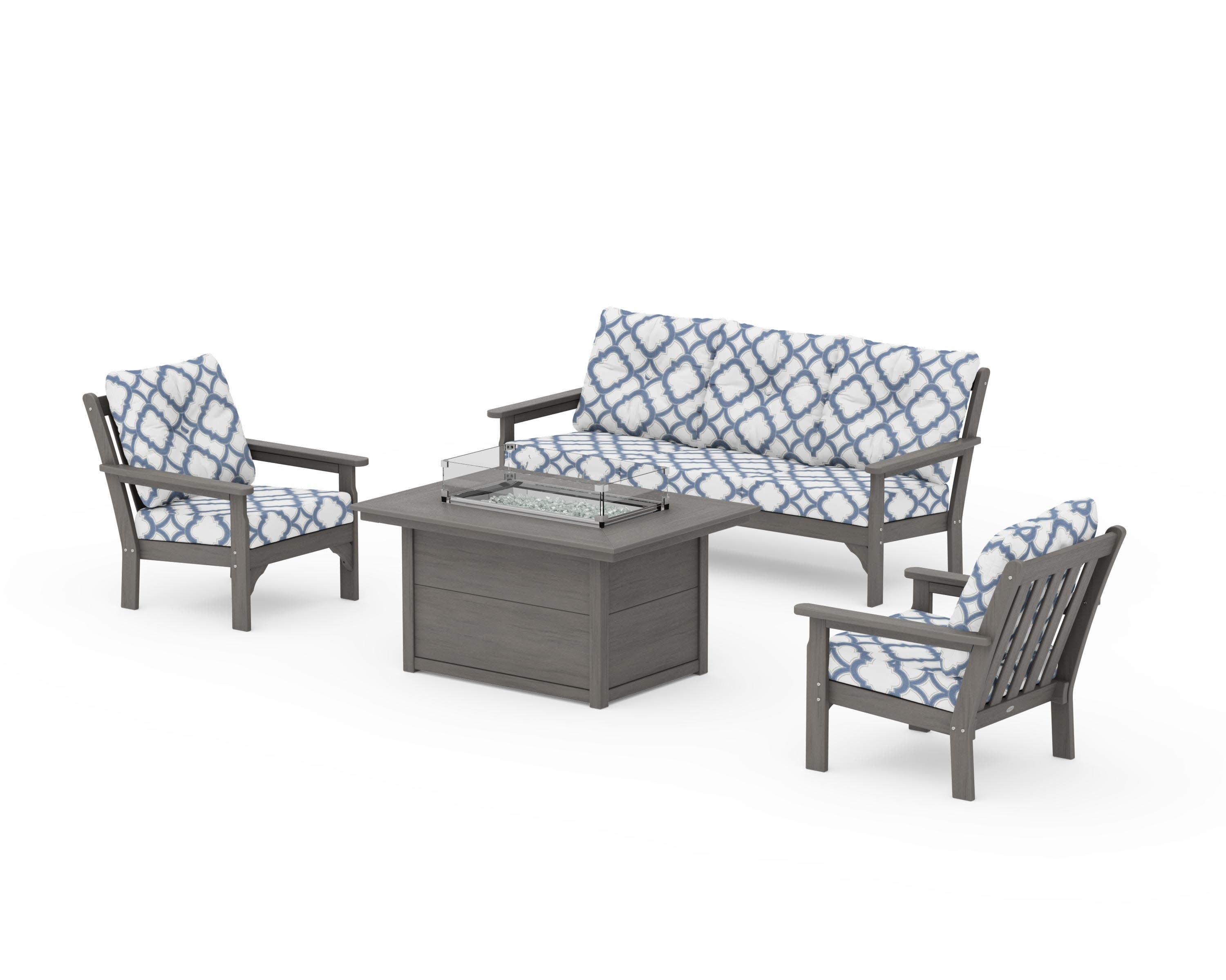 Vineyard Deep Seating Fire Pit Table Set in Driftwood / Trellis Sky Blue