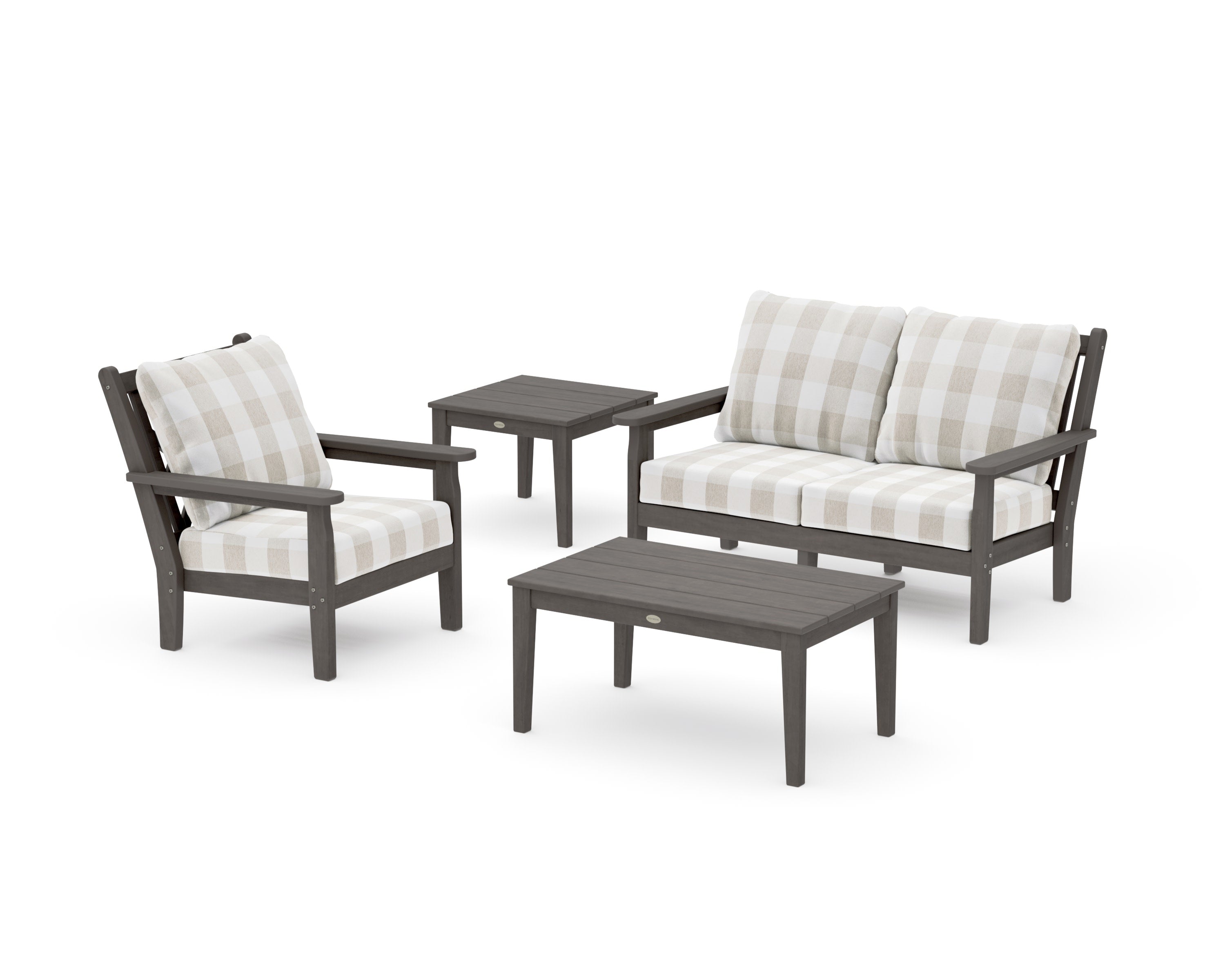 Chippendale 4-Piece Deep Seating Set in Driftwood / Buffalo Plaid Dune Burlap