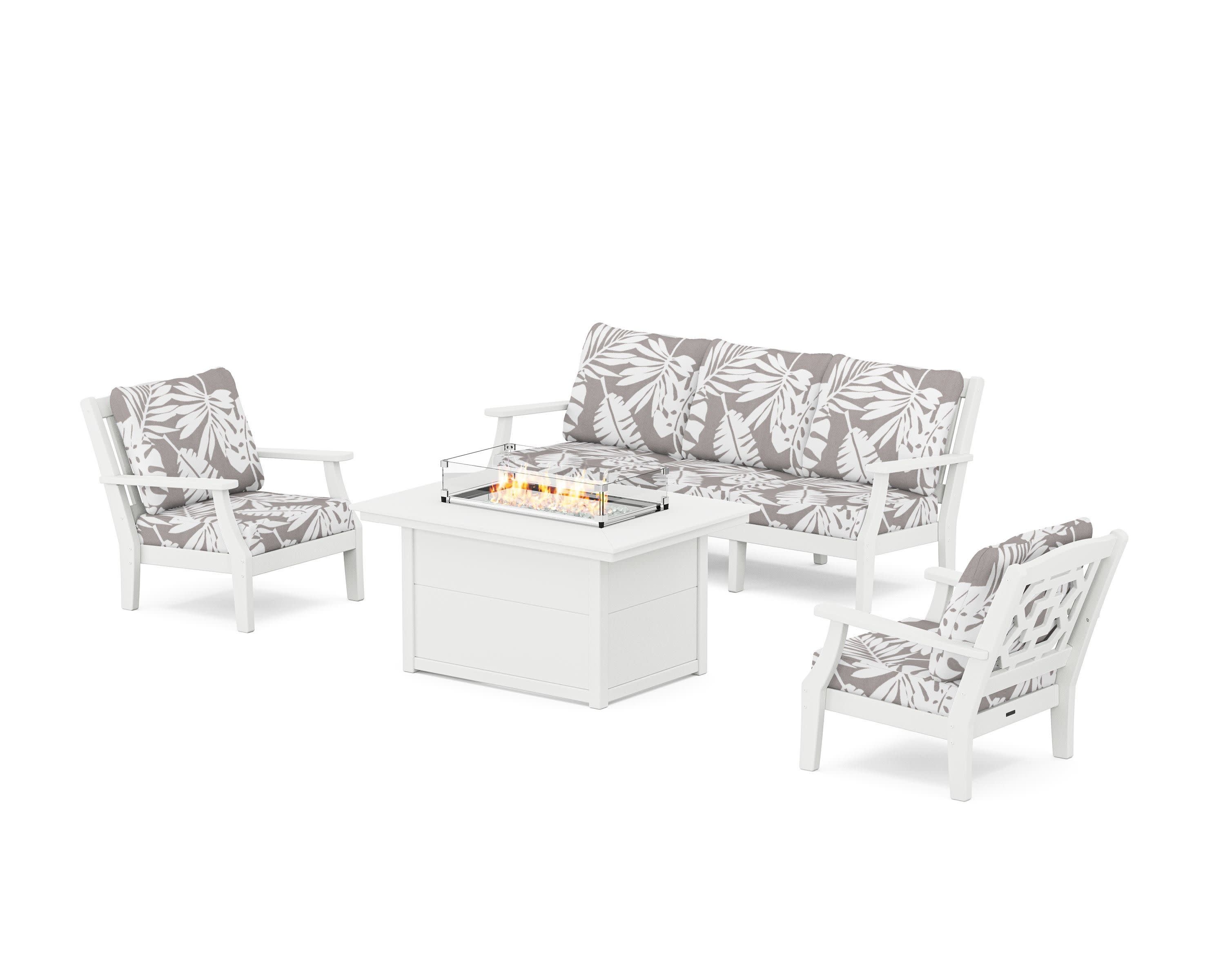 Chinoiserie Deep Seating Fire Pit Table Set in White / Leaf Grey Mist