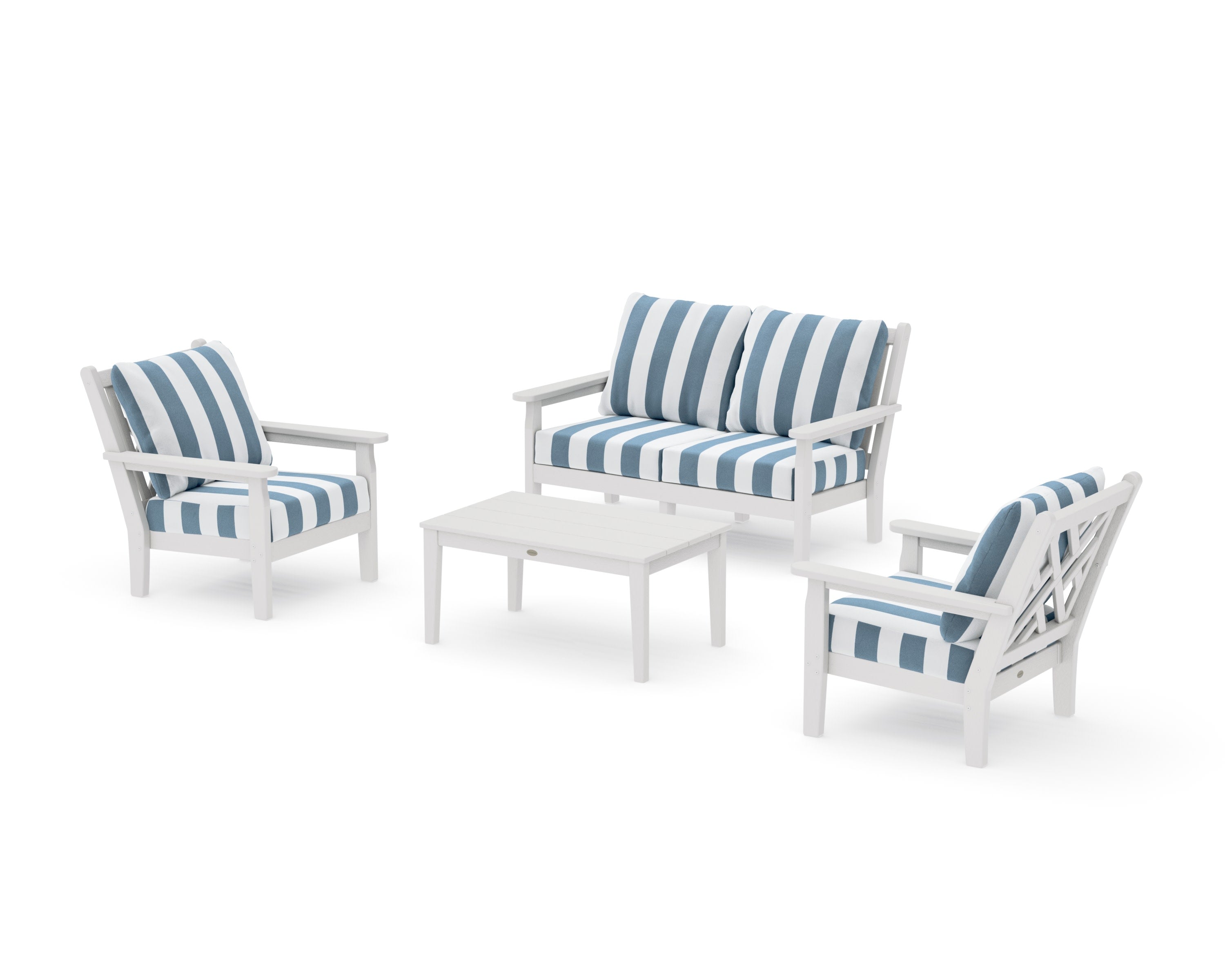 Chippendale 4-Piece Deep Seating Set with Loveseat in Vintage White / Cabana Stripe Sky Blue
