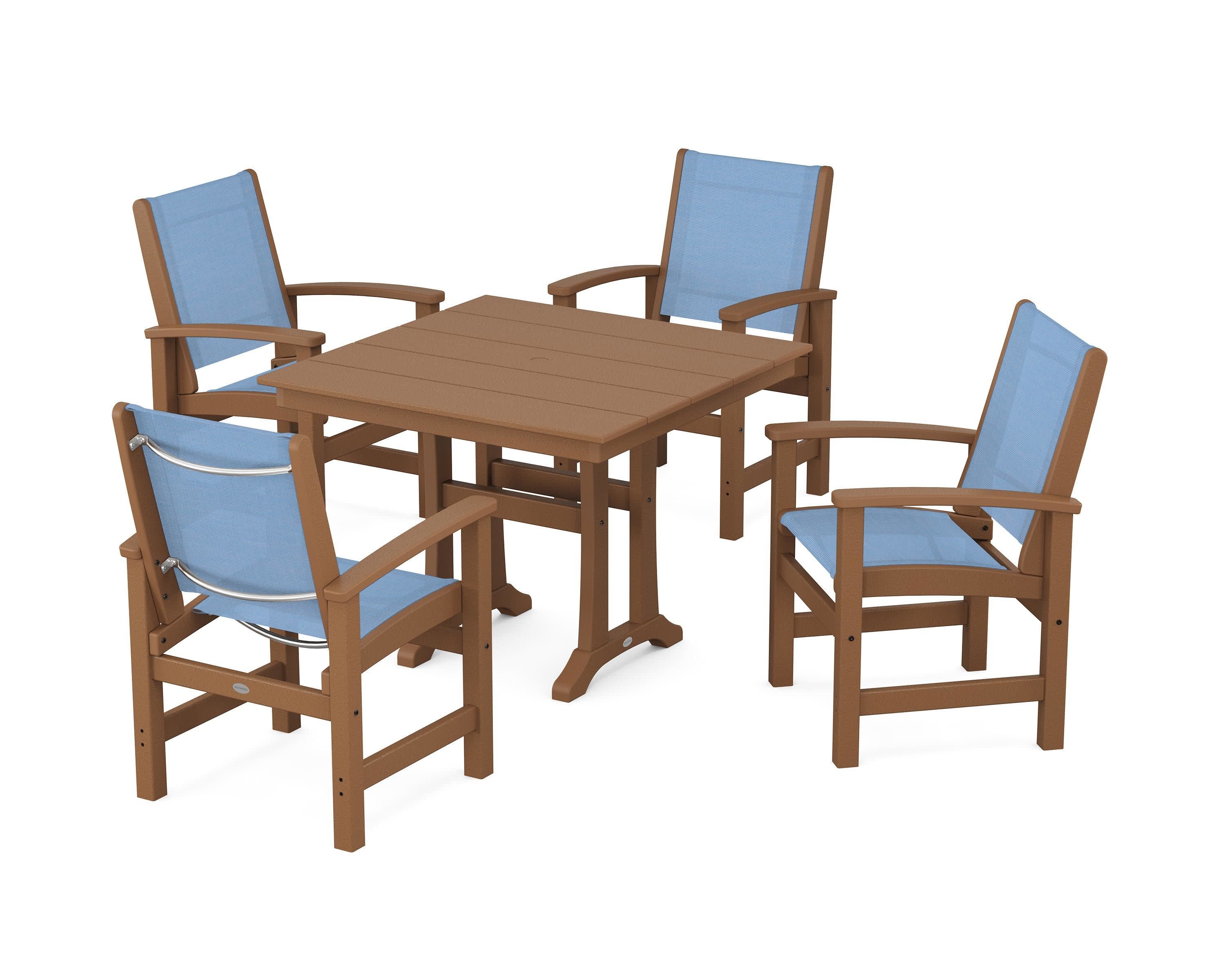 Coastal 5-Piece Farmhouse Dining Set With Trestle Legs in Teak / Poolside Sling