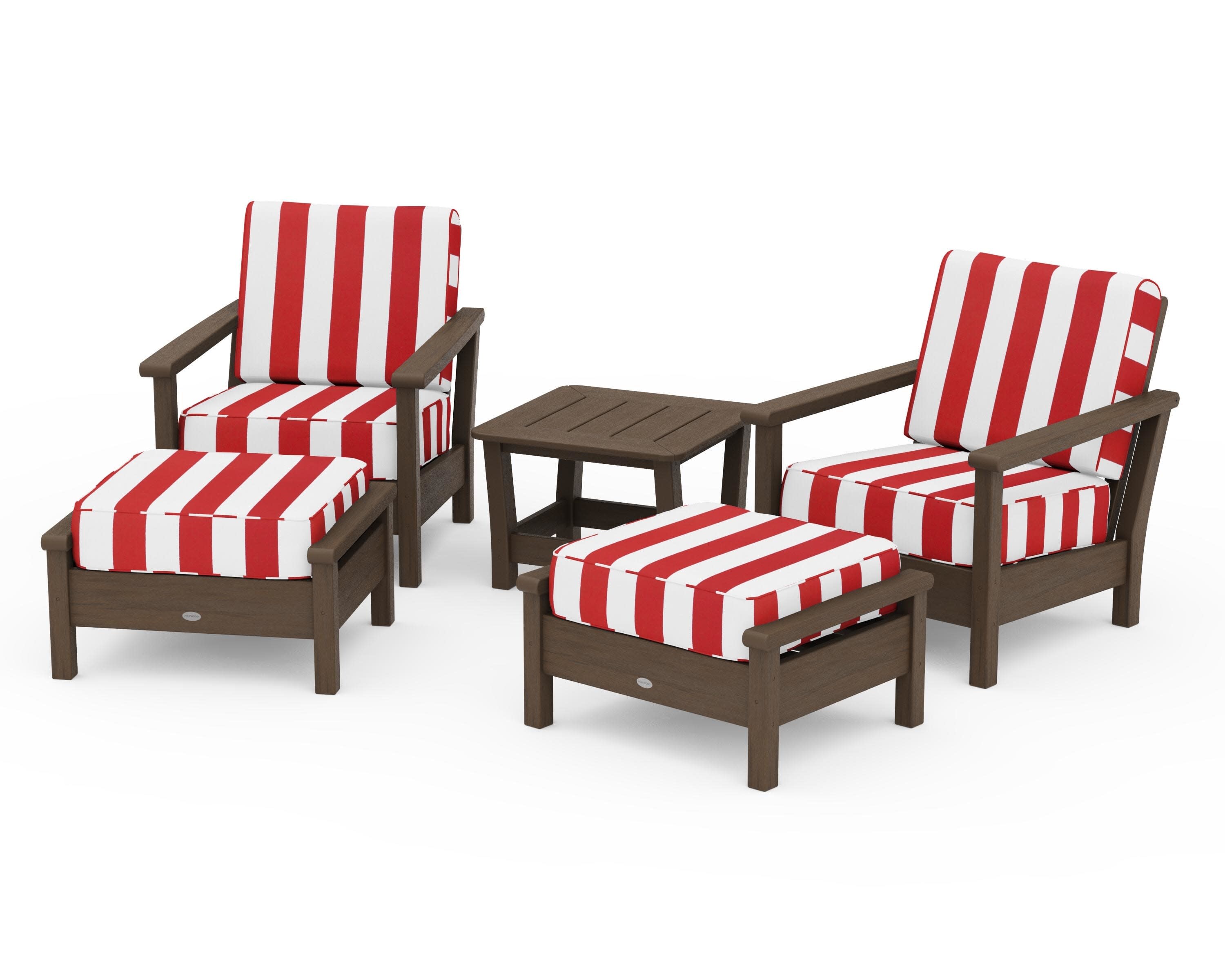 Harbour 5-Piece Deep Seating Chair Set in Kona / Cabana Stripe Crimson