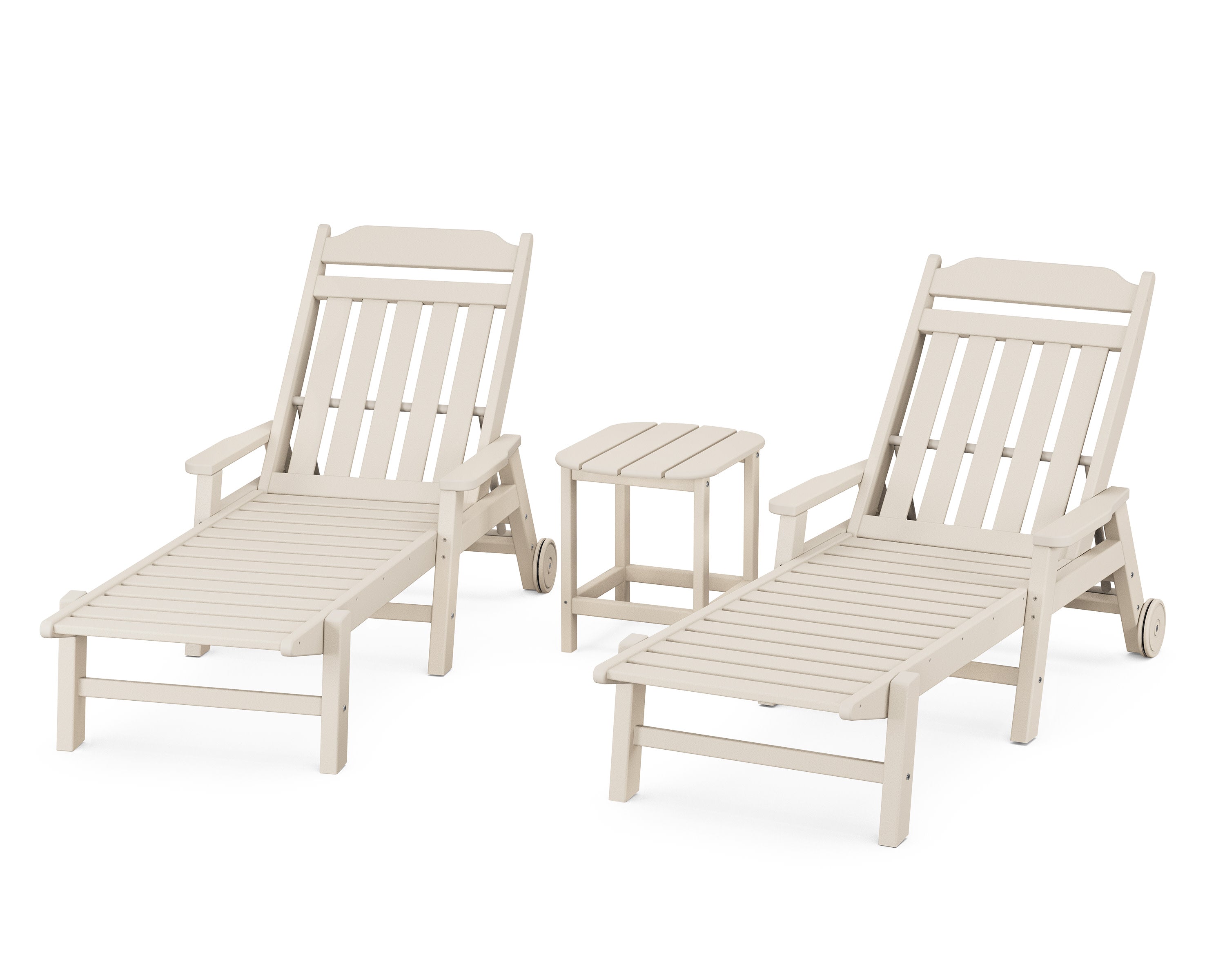 Cottage 3-Piece Chaise Set with Arms and Wheels in Sand