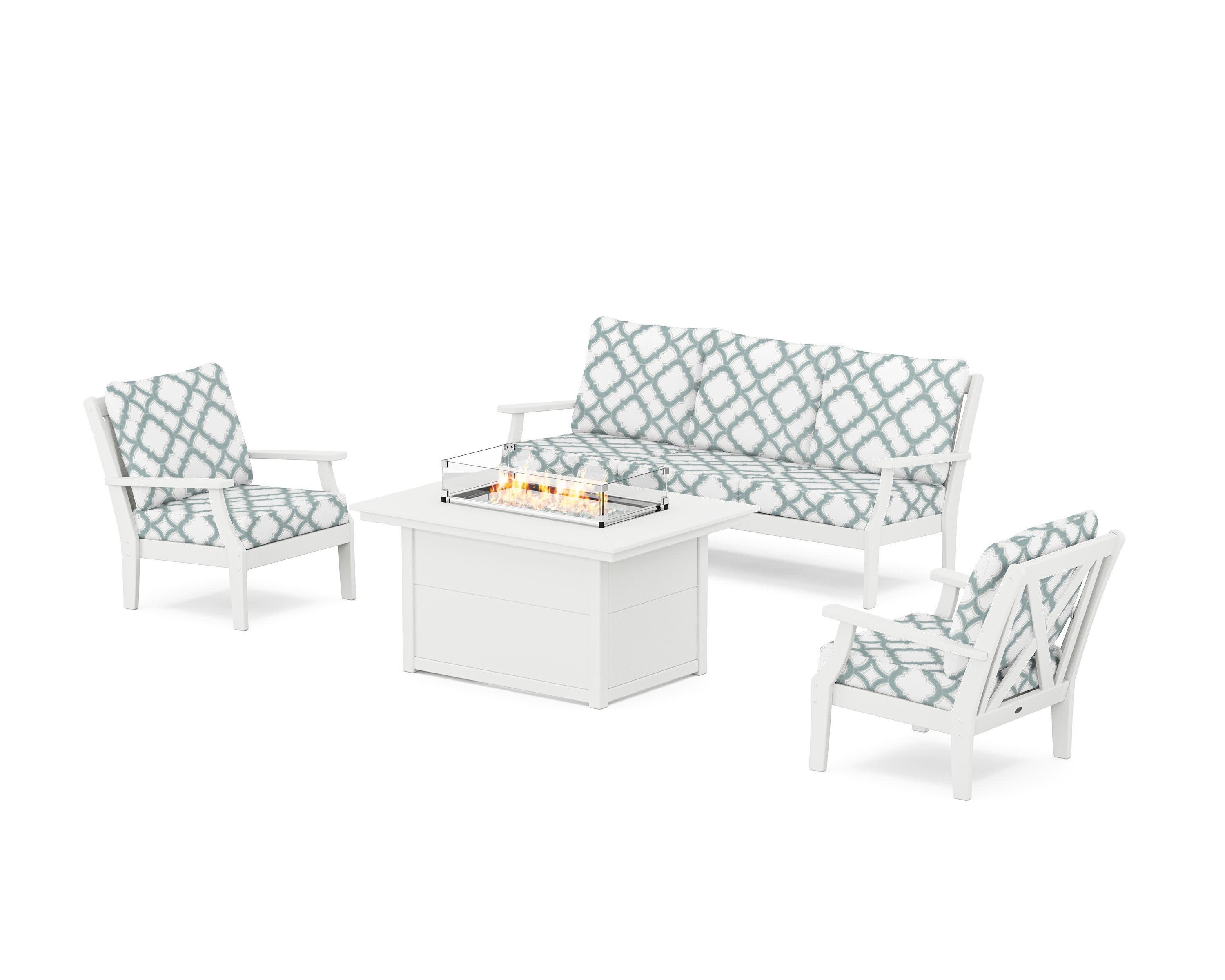 Braxton Deep Seating Fire Pit Table Set in White / Trellis Glacier Spa