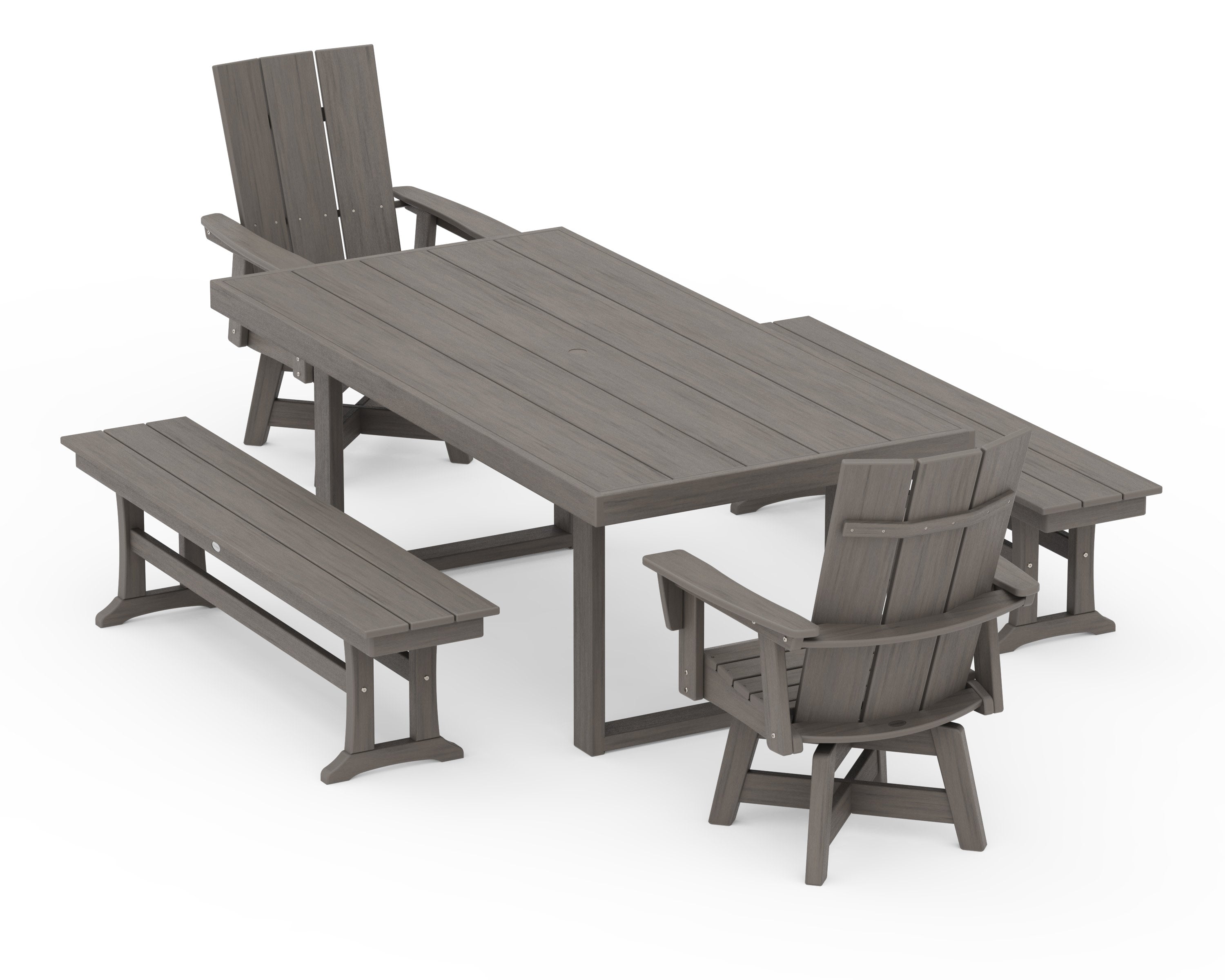 Modern Adirondack Swivel Chair 5-Piece Dining Set with Benches in Driftwood