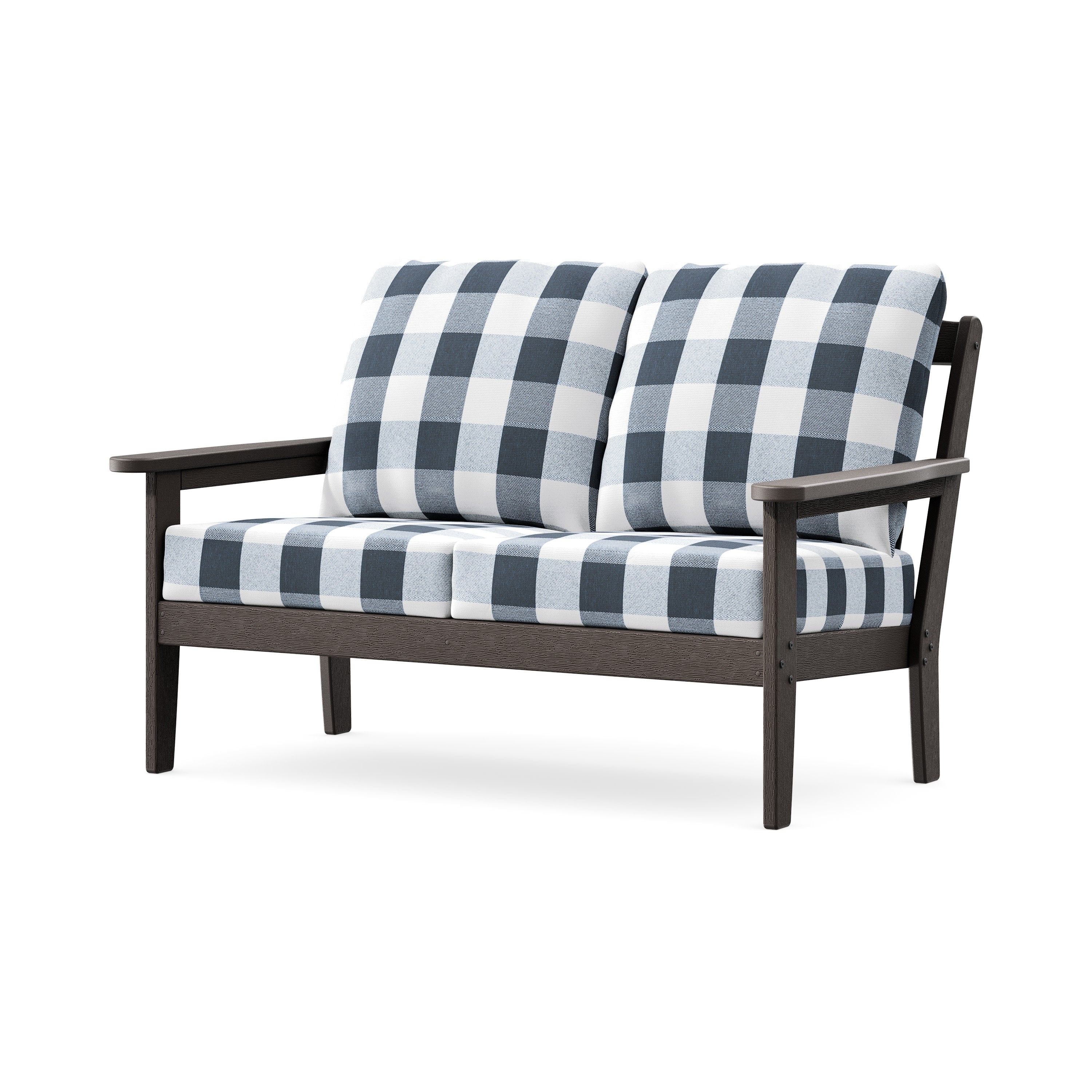 Cottage Deep Seating Loveseat in Vintage Coffee / Buffalo Plaid Marine Indigo