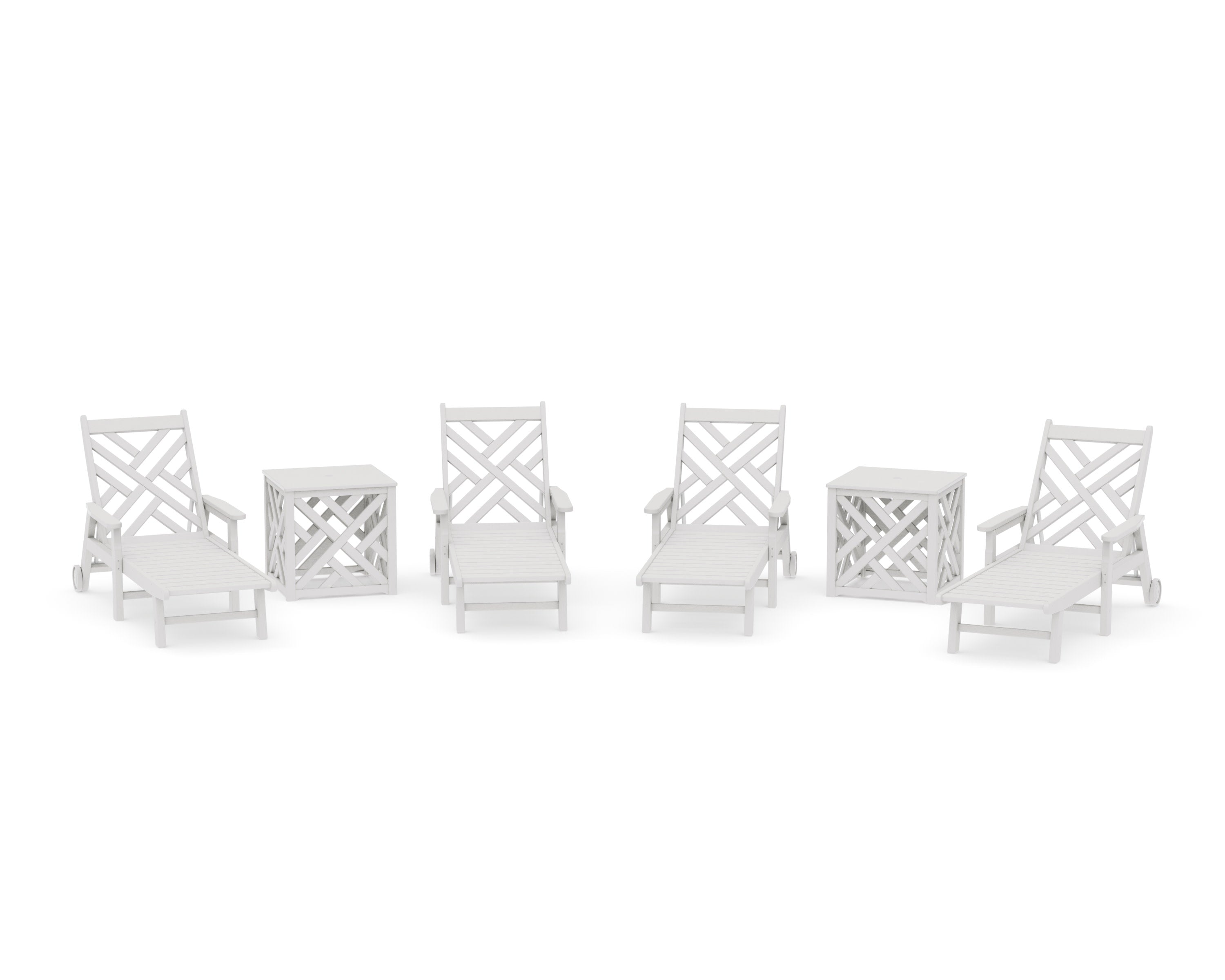Chippendale 6-Piece Chaise Set with Umbrella Stand Accent Table in Vintage White