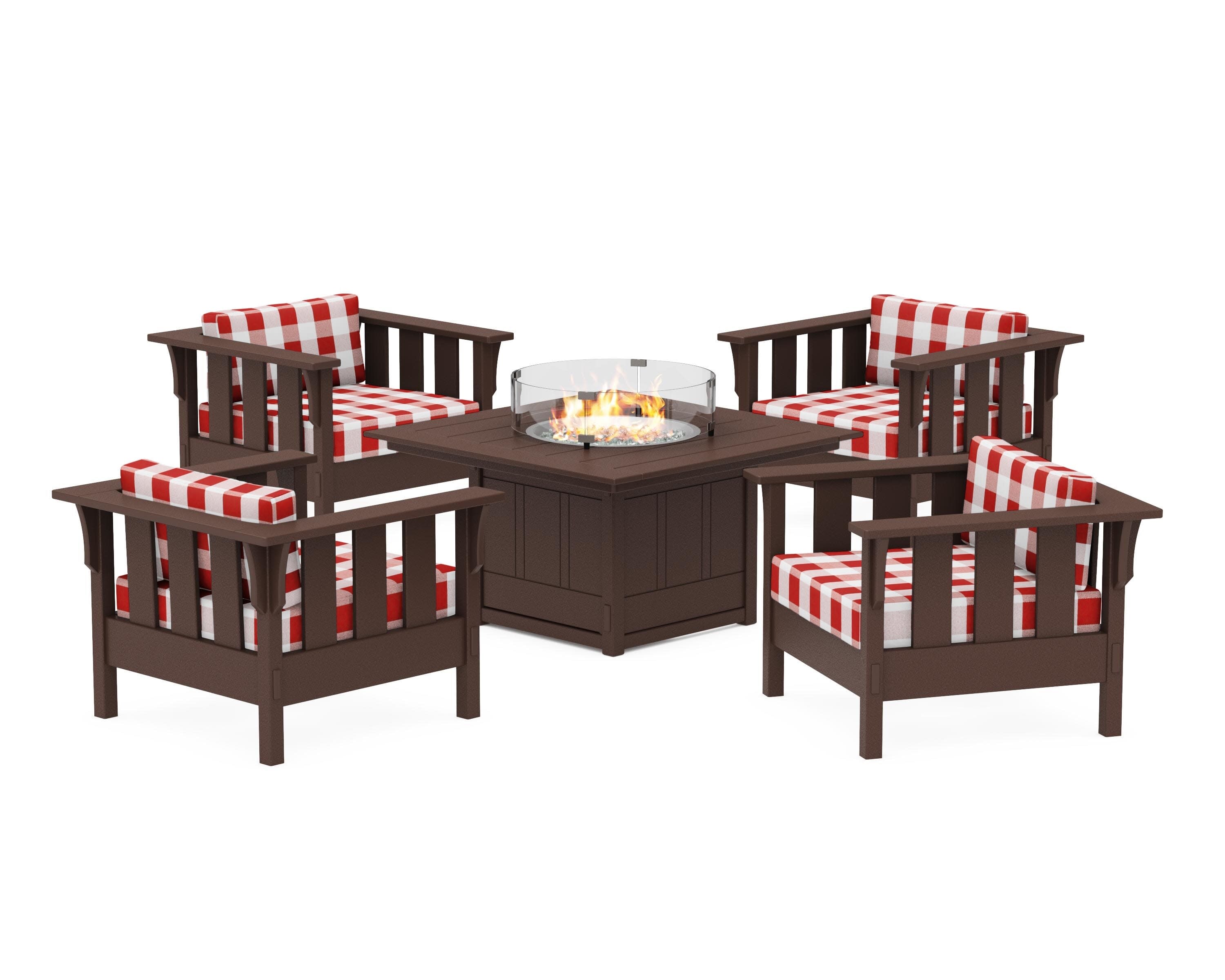 Acadia 5-Piece Deep Seating Set with Fire Pit Table in Mahogany / Buffalo Plaid Crimson