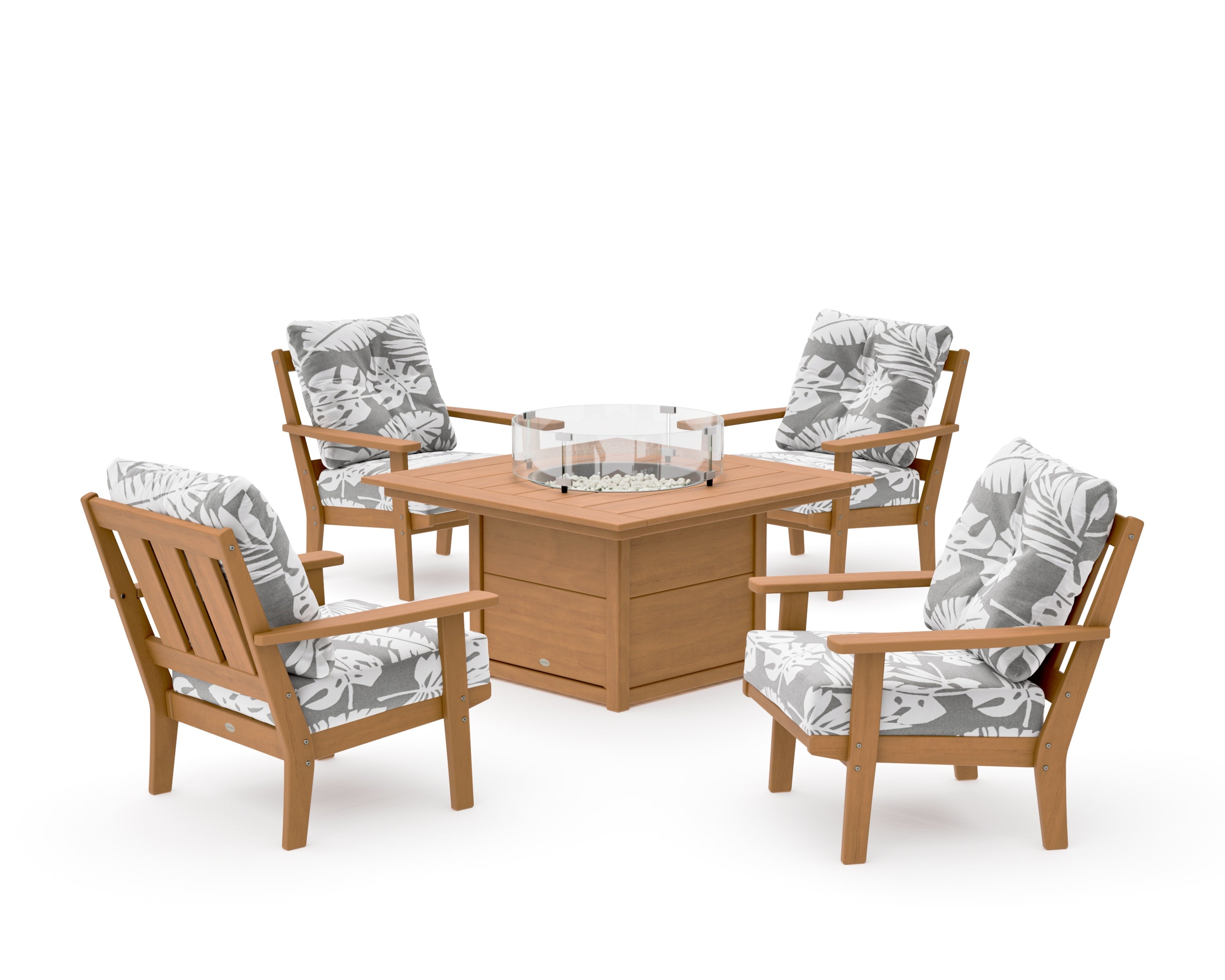 Oxford 5-Piece Deep Seating Set with Fire Pit Table in Natural / Leaf Grey Mist