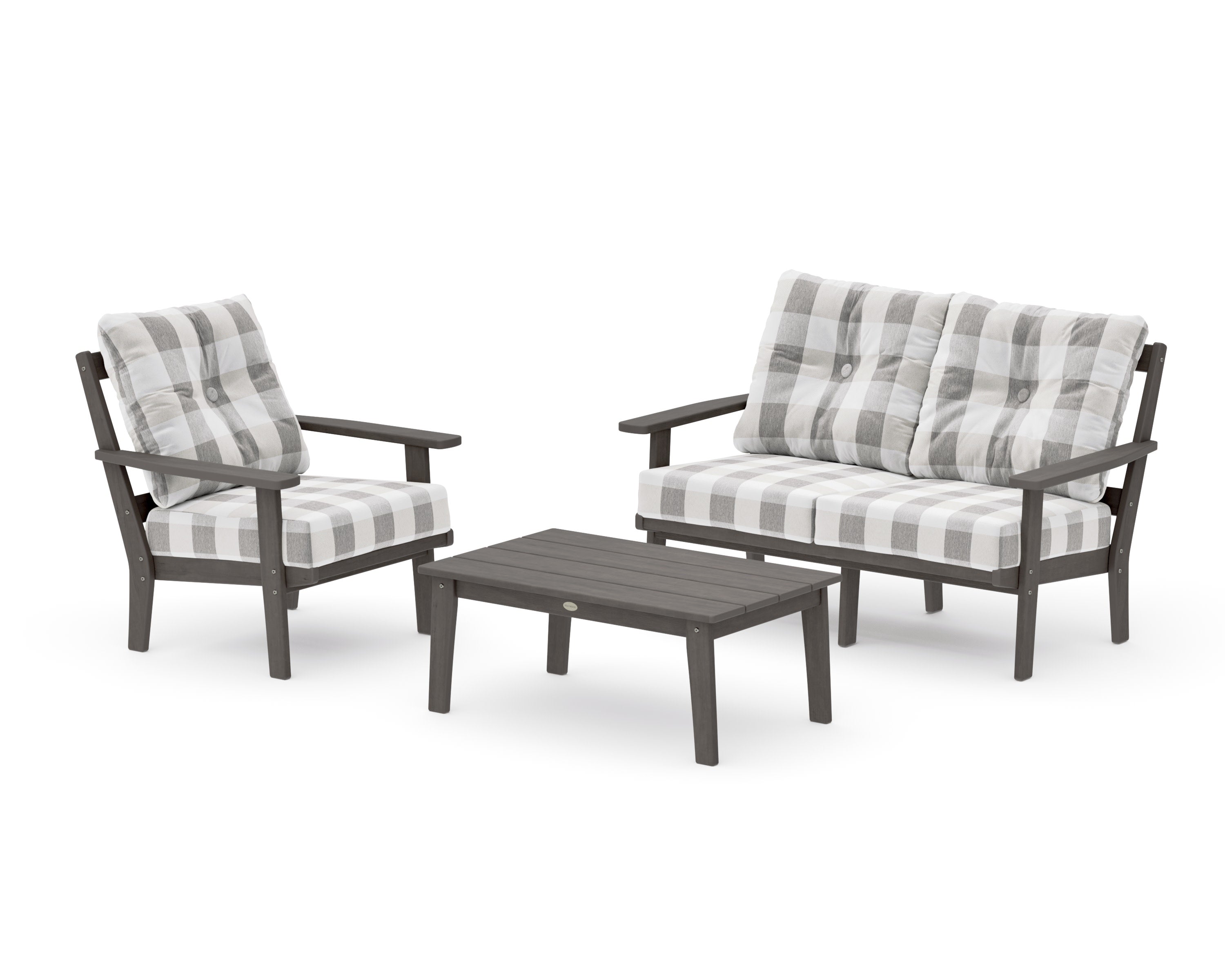 Oxford 3-Piece Deep Seating Set with Loveseat in Driftwood / Buffalo Plaid Grey Mist