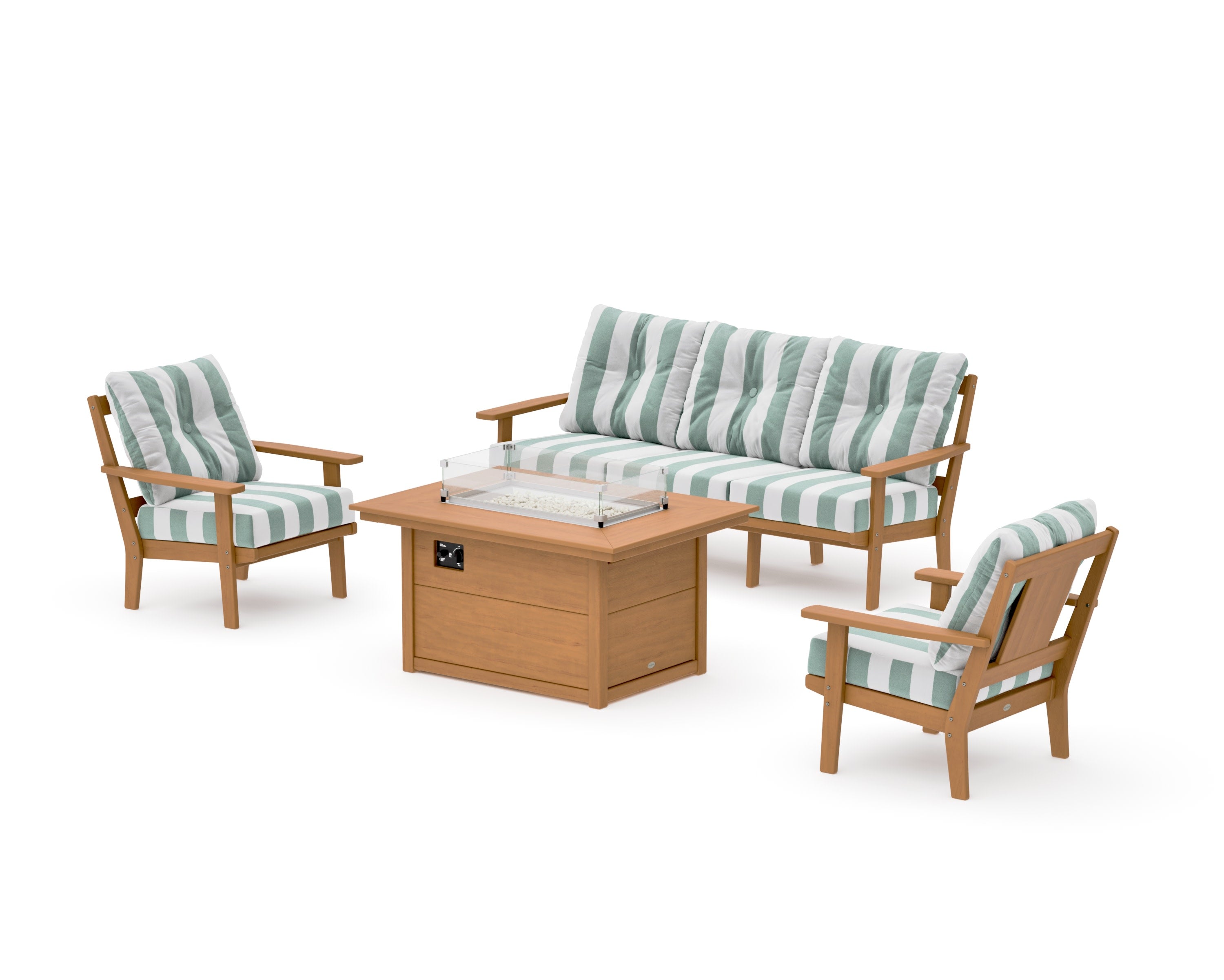Prairie Deep Seating Fire Pit Table Set in Natural / Cabana Stripe Glacier Spa