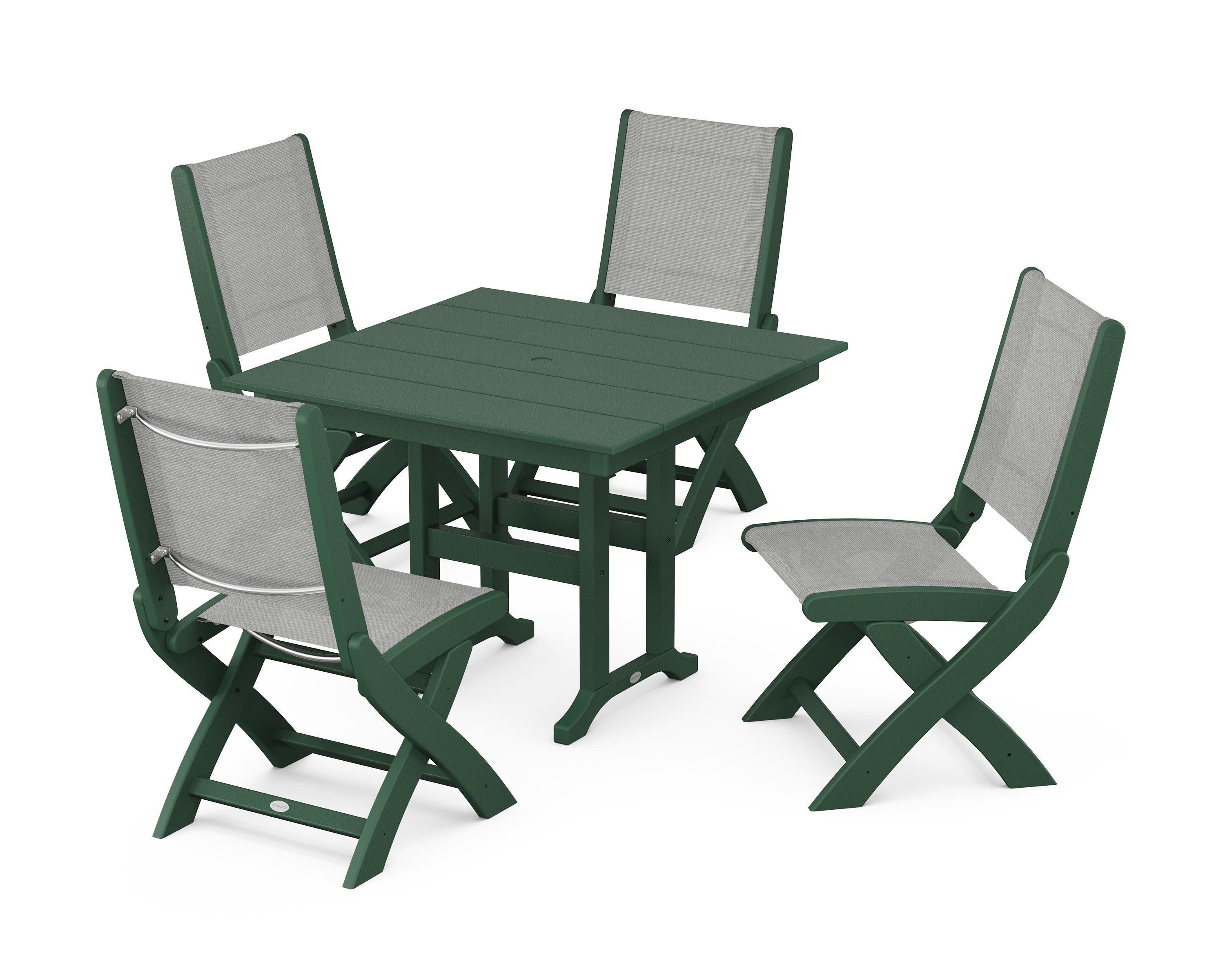 Coastal Folding Side Chair 5-Piece Farmhouse Dining Set in Green / Metallic Sling