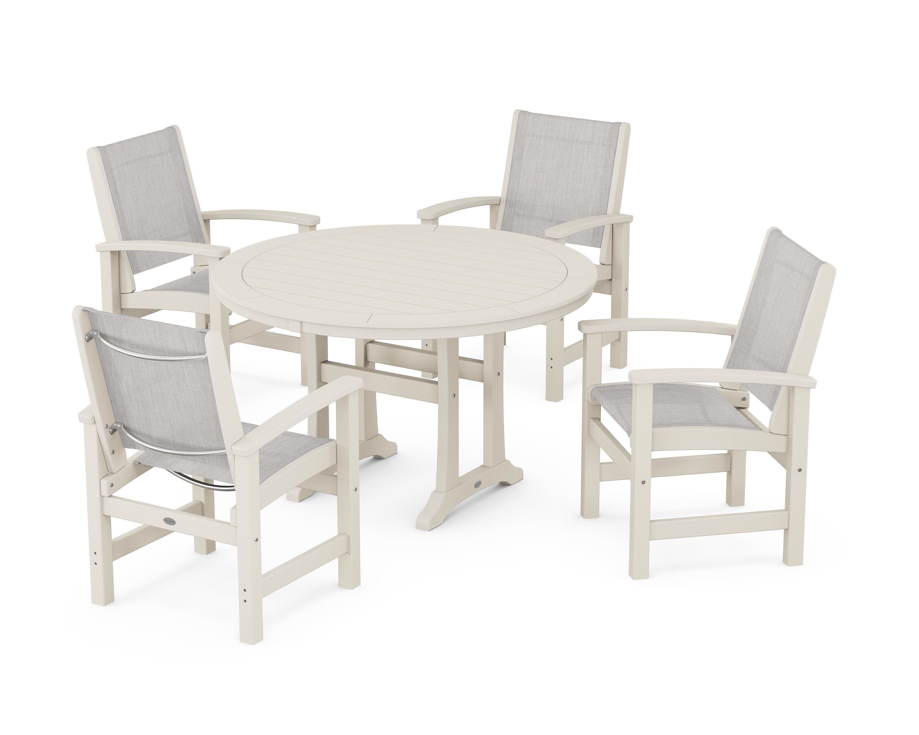 Coastal 5-Piece Round Dining Set with Trestle Legs in Sand / Parchment Sling