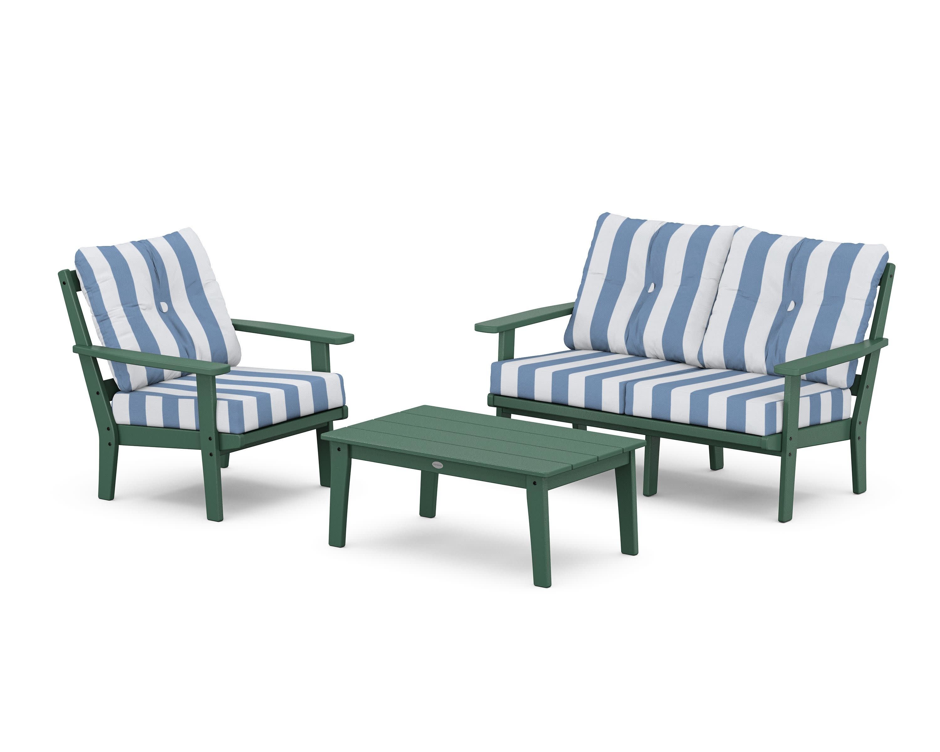 Oxford 3-Piece Deep Seating Set with Loveseat in Green / Cabana Stripe Sky Blue