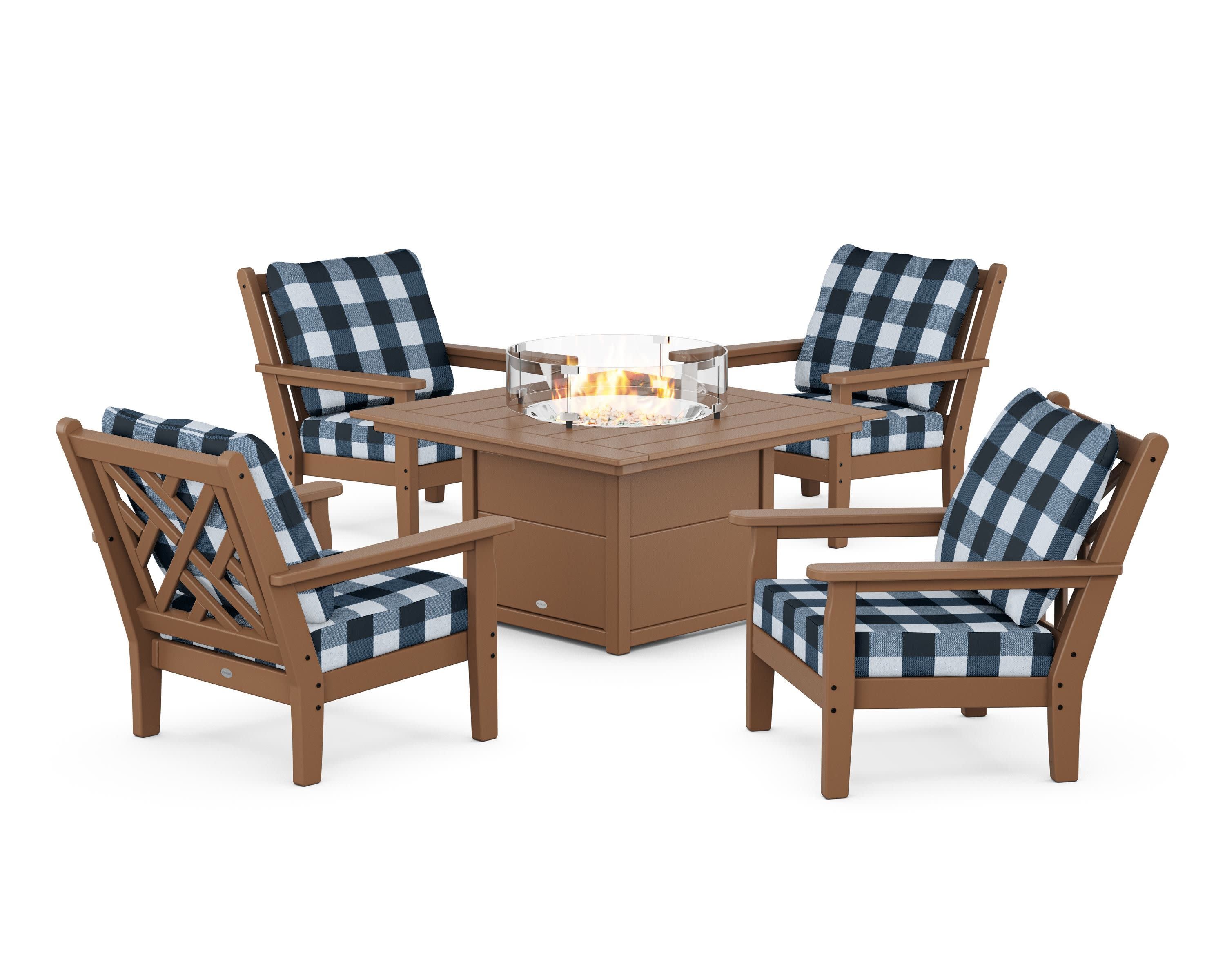 Chippendale 5-Piece Deep Seating Set with Fire Pit Table in Teak / Buffalo Plaid Marine Indigo