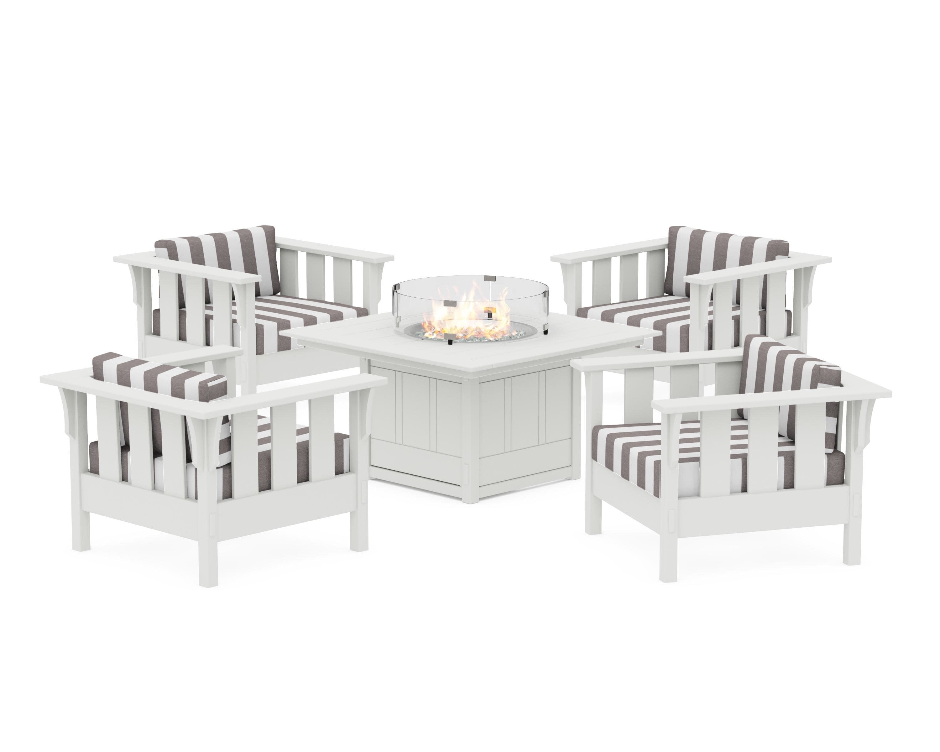 Acadia 5-Piece Deep Seating Set with Fire Pit Table in Vintage White / Cabana Stripe Grey Mist