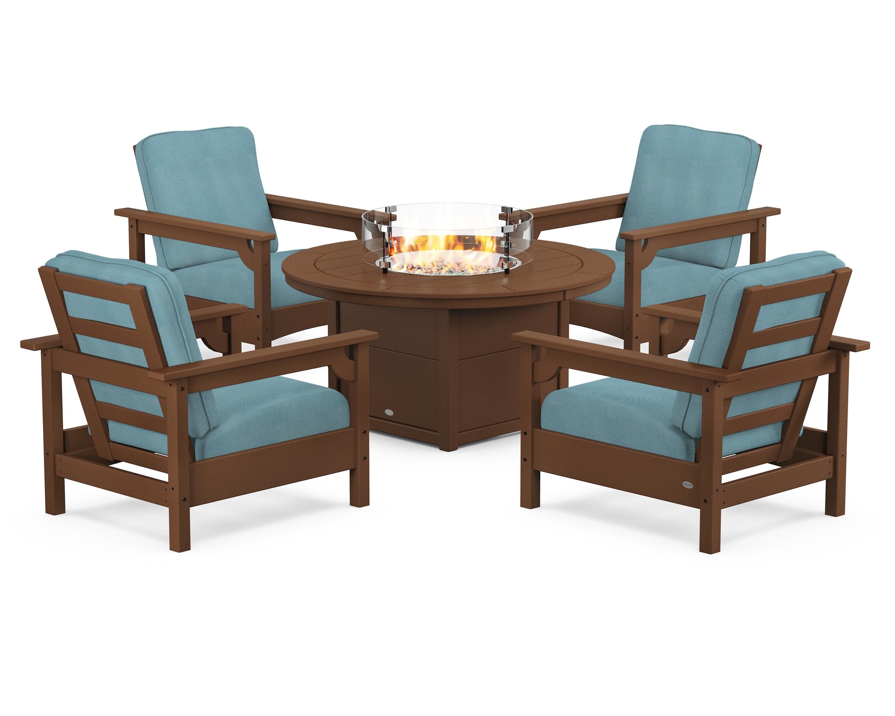 Club 5-Piece Conversation Set with Fire Pit Table in Teak / Lattice Sky Blue