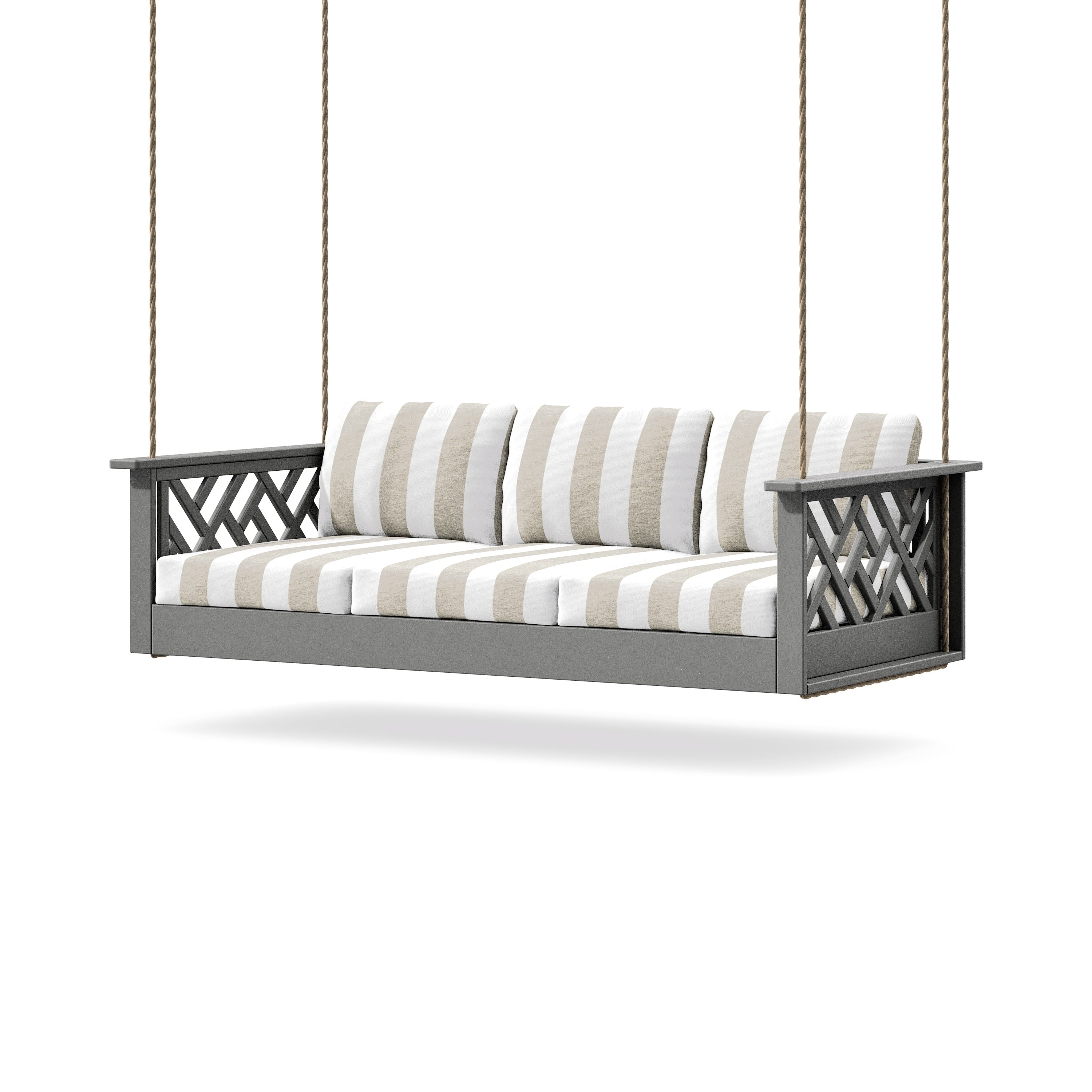 Chippendale Daybed Swing in Slate Grey / Cabana Stripe Dune Burlap