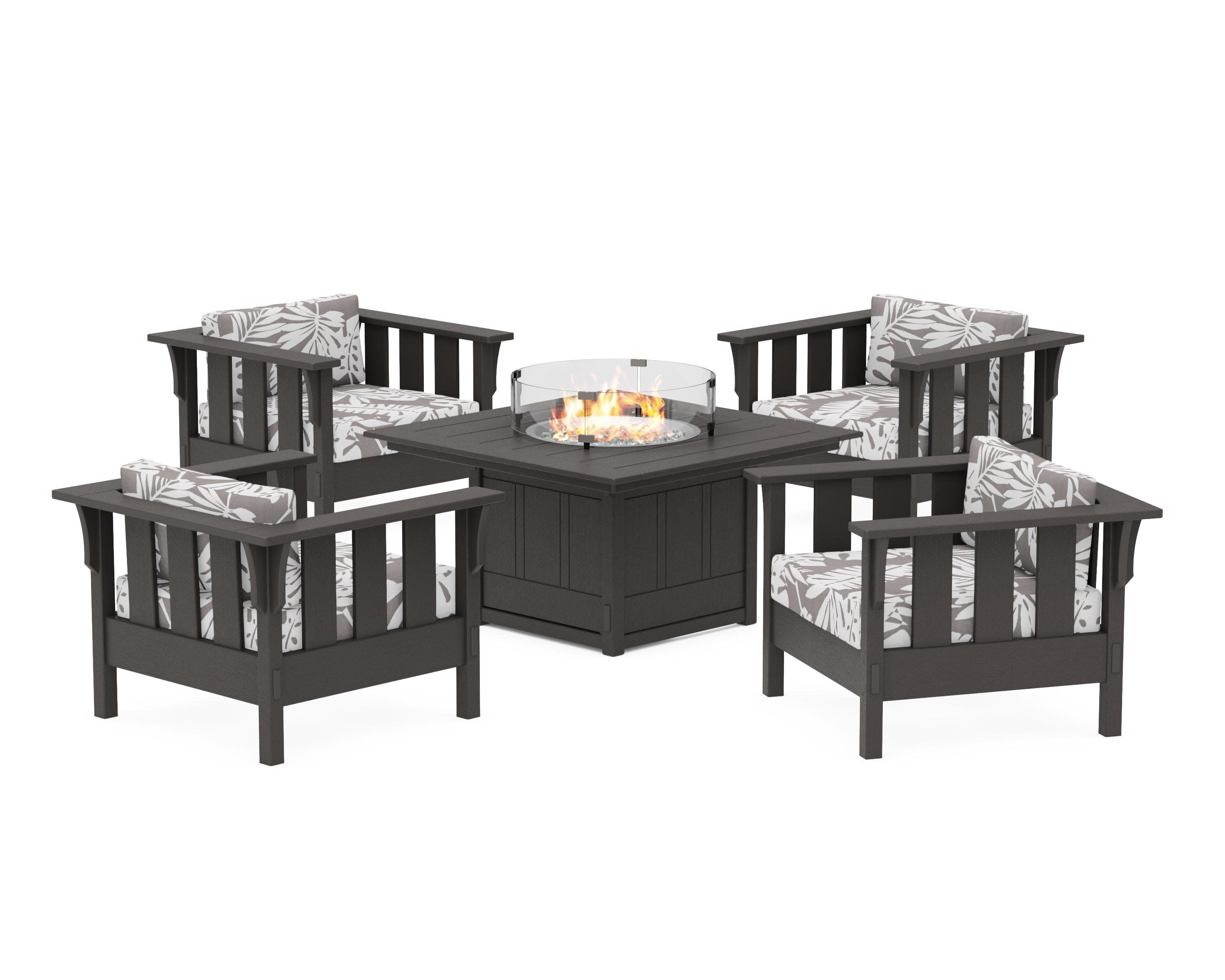 Acadia 5-Piece Deep Seating Set with Fire Pit Table in Vintage Coffee / Leaf Grey Mist