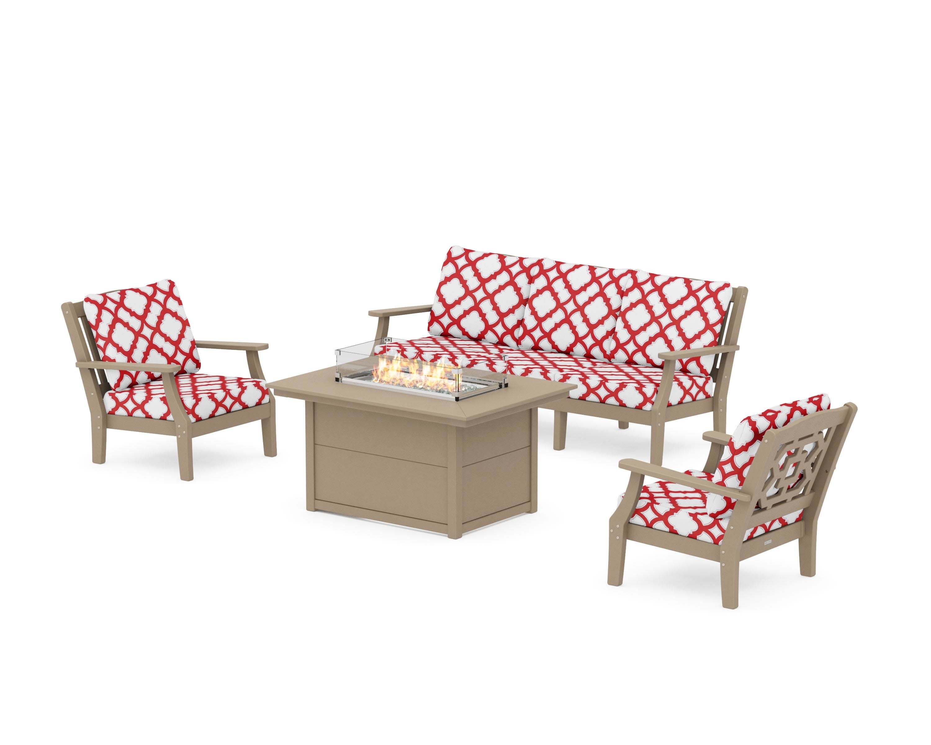Chinoiserie Deep Seating Fire Pit Table Set in Vintage Sahara / Trellis Crimson