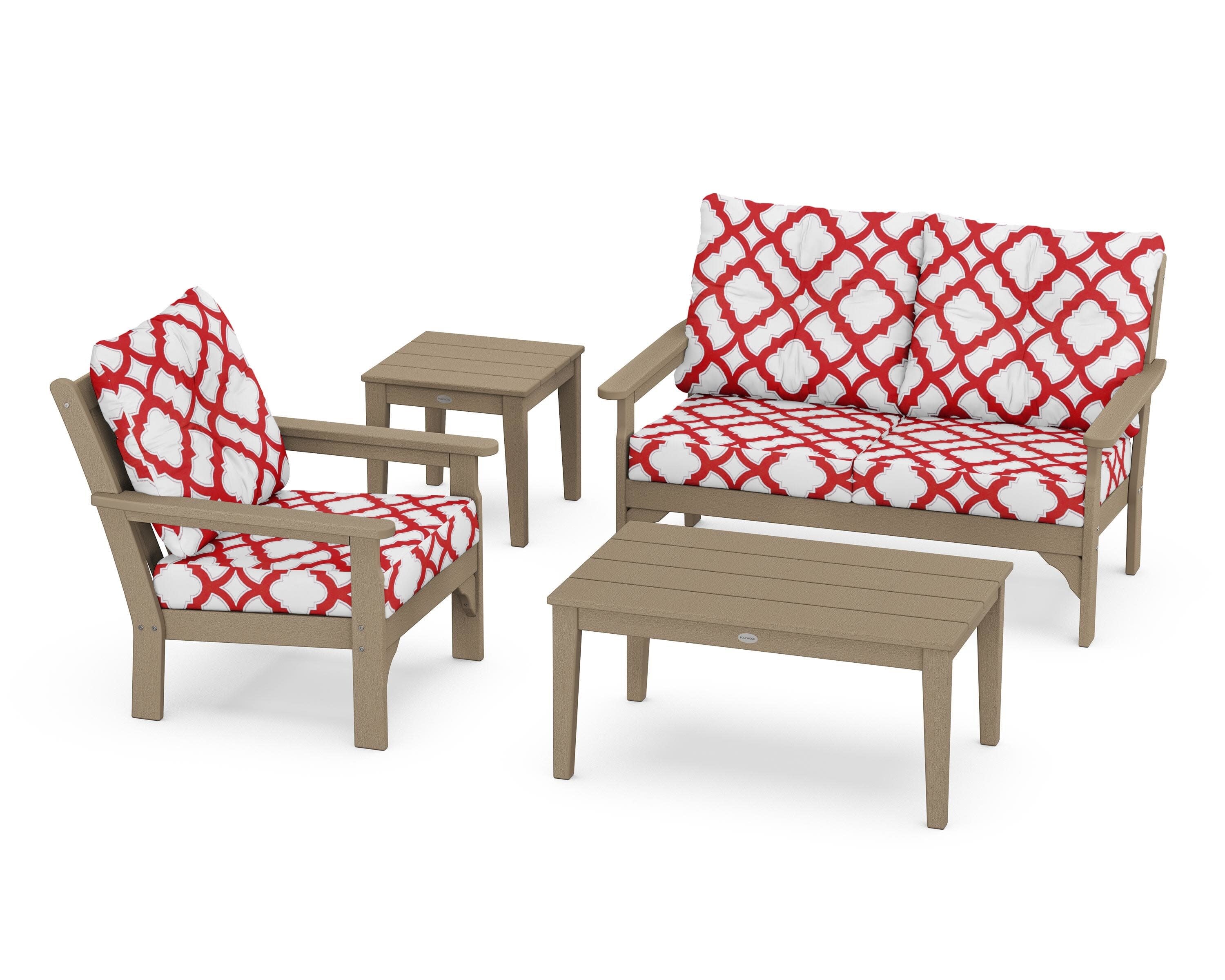 Vineyard 4-Piece Deep Seating Set in Vintage Sahara / Trellis Crimson