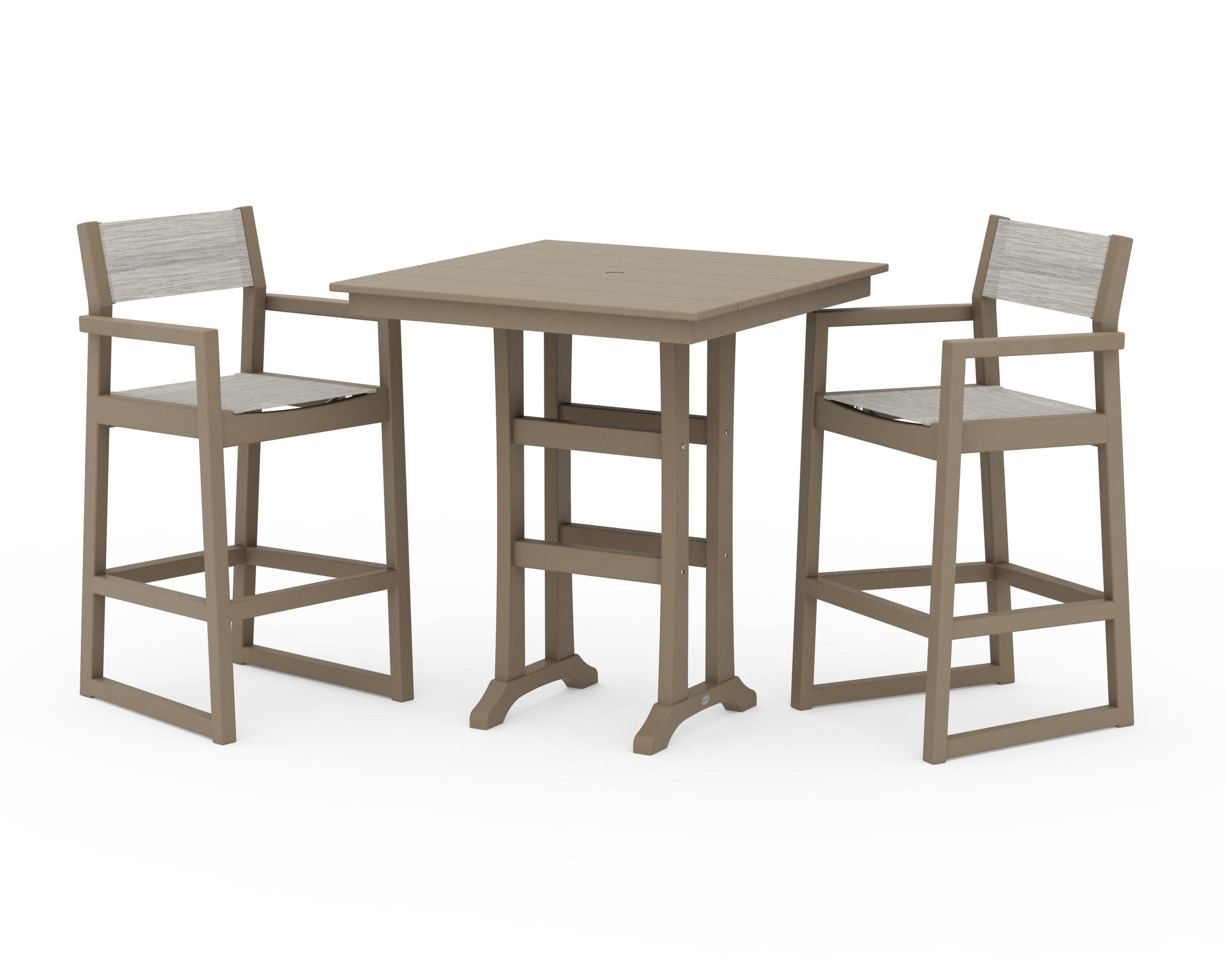 EDGE Sling Arm Chair 3-Piece Farmhouse Bar Set with Trestle Legs in Vintage Sahara / Birch Sling