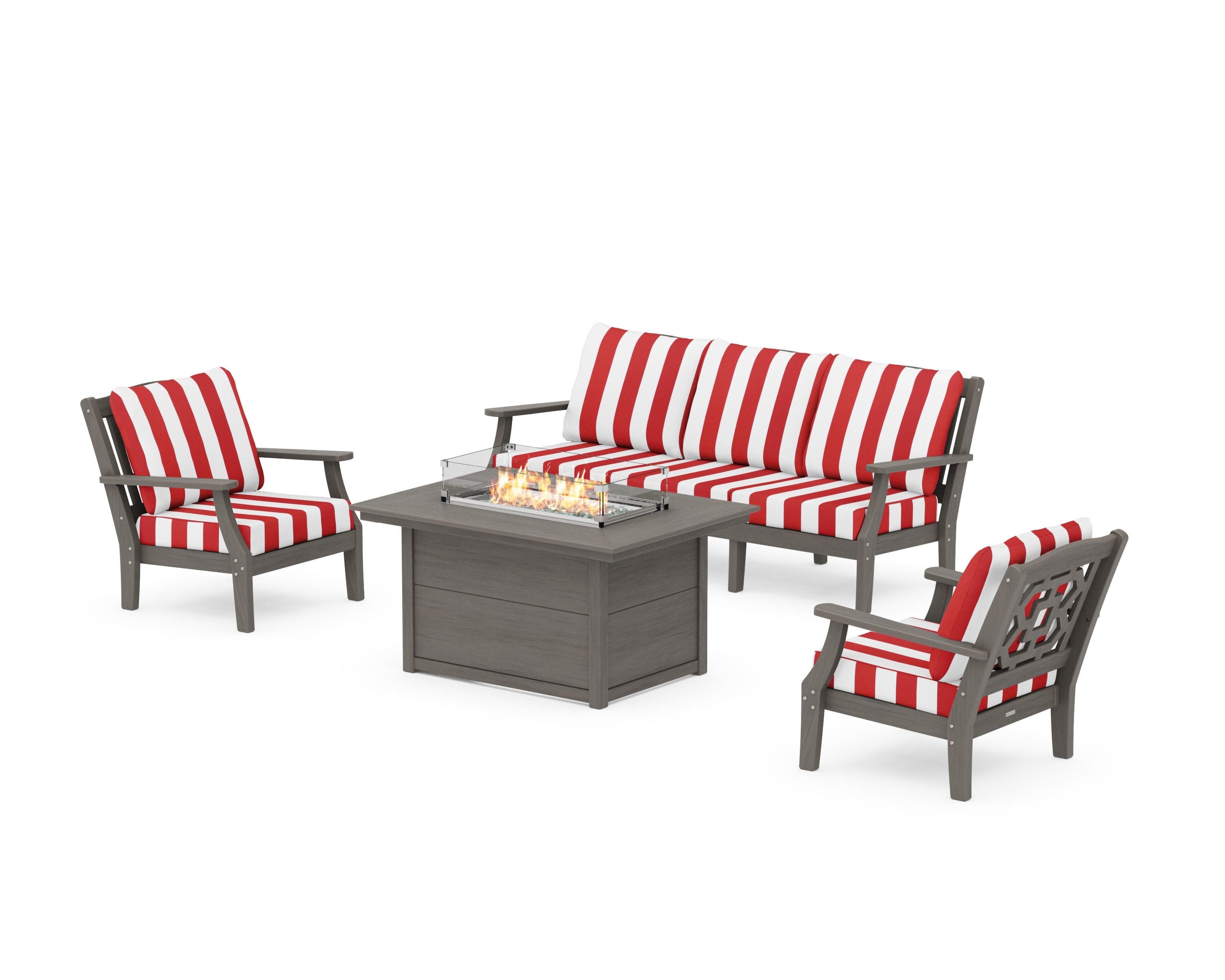 Chinoiserie Deep Seating Fire Pit Table Set in Driftwood / Cabana Stripe Crimson