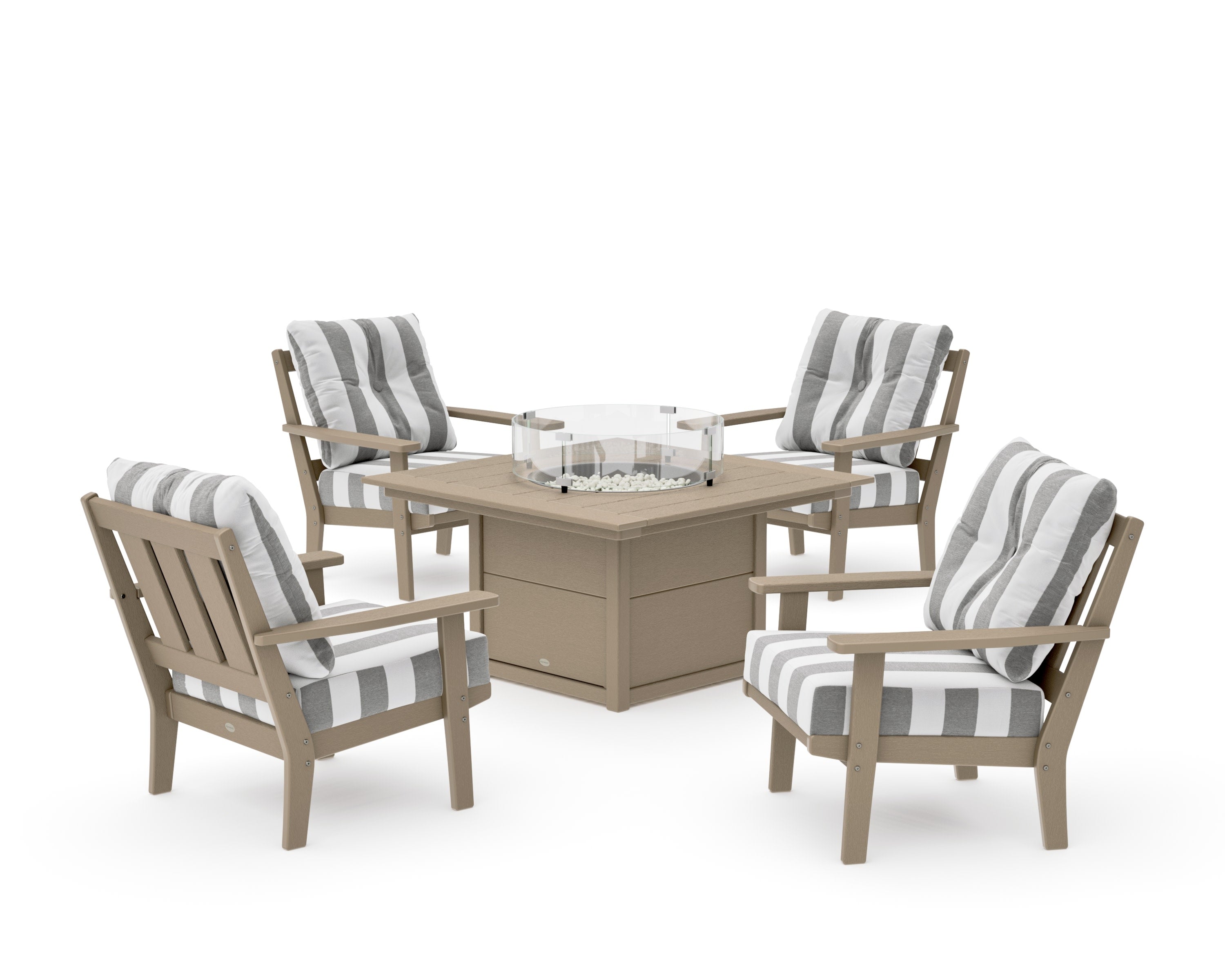Oxford 5-Piece Deep Seating Set with Fire Pit Table in Vintage Sahara / Cabana Stripe Grey Mist