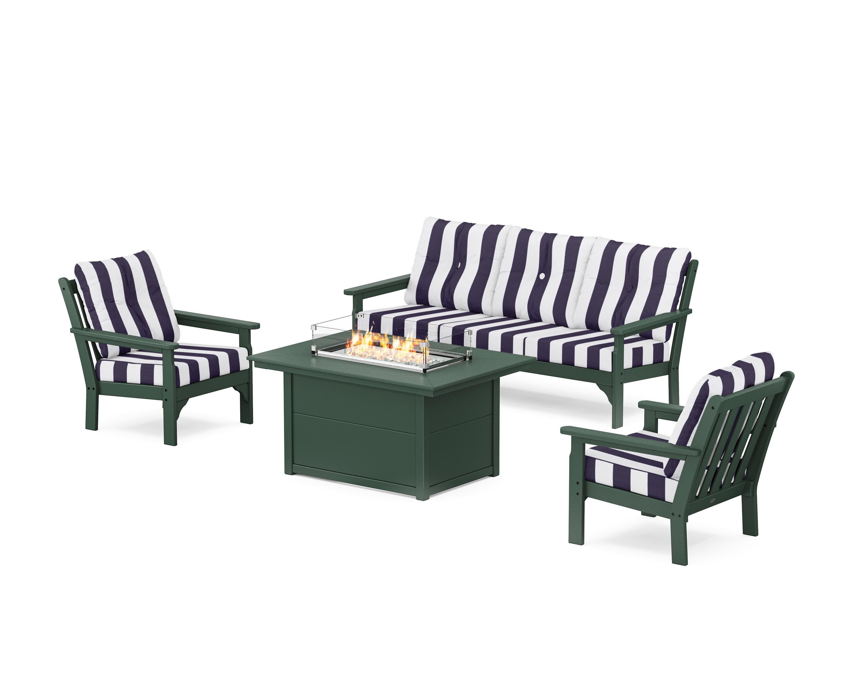 Vineyard Deep Seating Fire Pit Table Set in Green / Cabana Stripe Navy