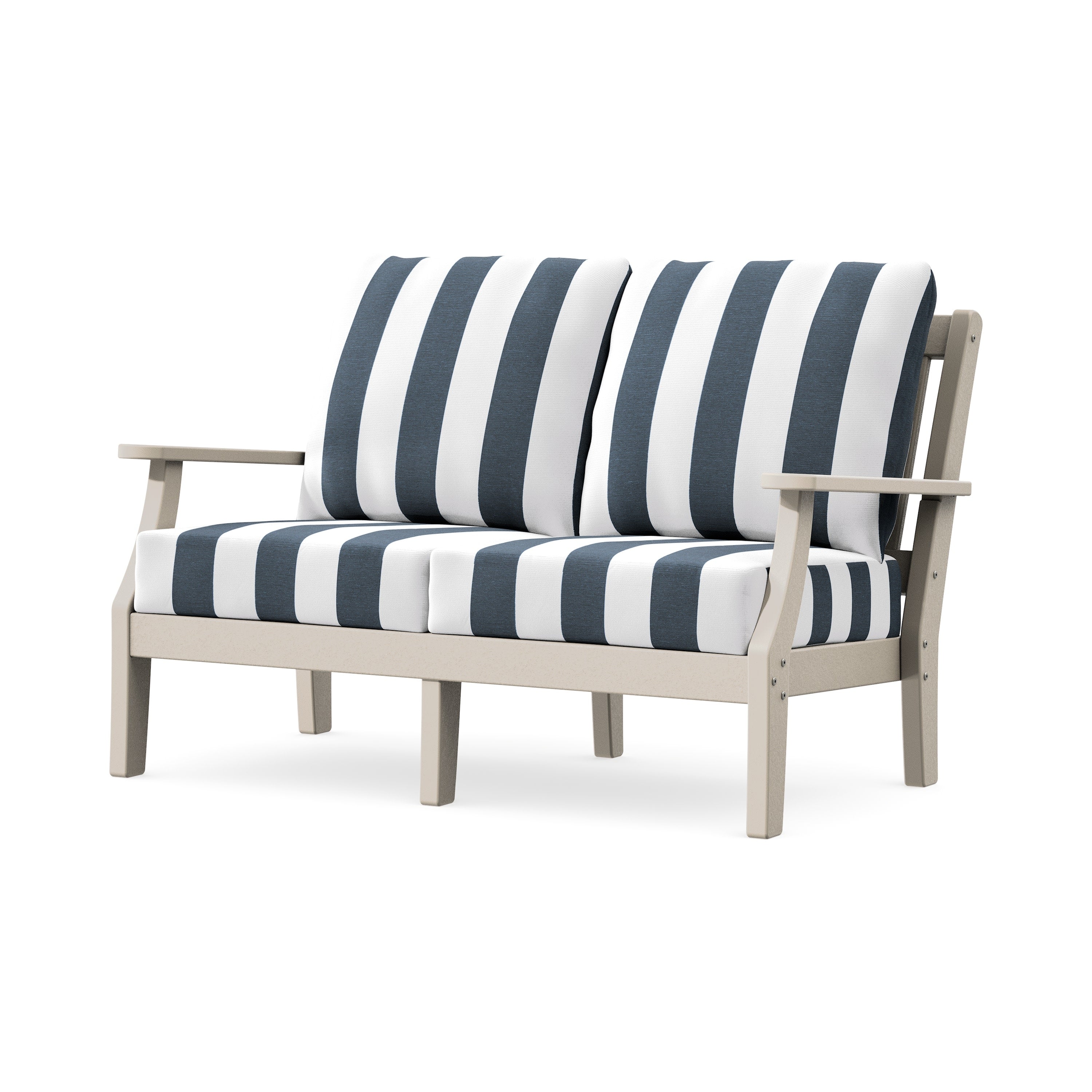 Chinoiserie Deep Seating Loveseat in Sand / Cabana Stripe Marine Indigo