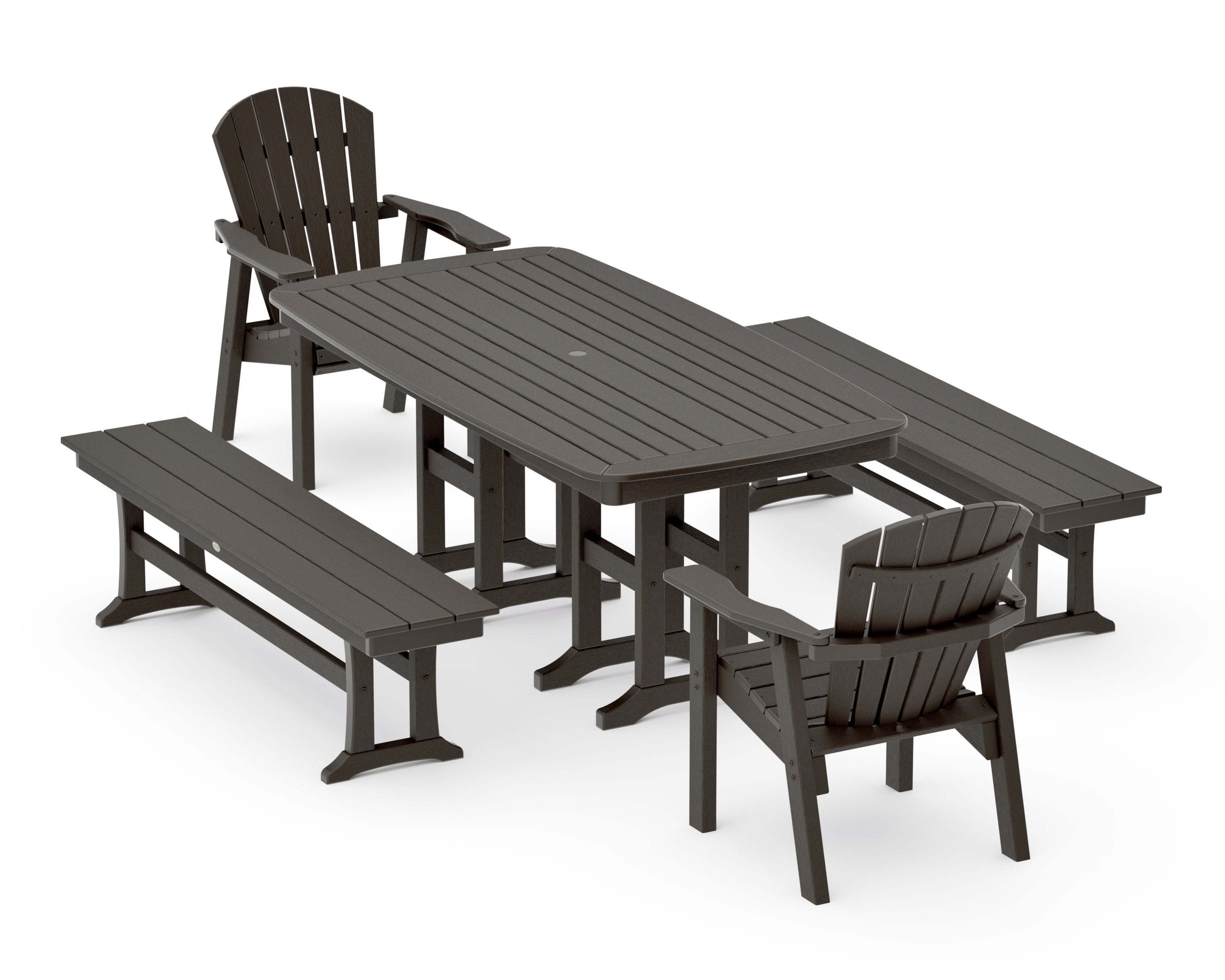 Seashell 5-Piece Dining Set with Benches in Vintage Coffee